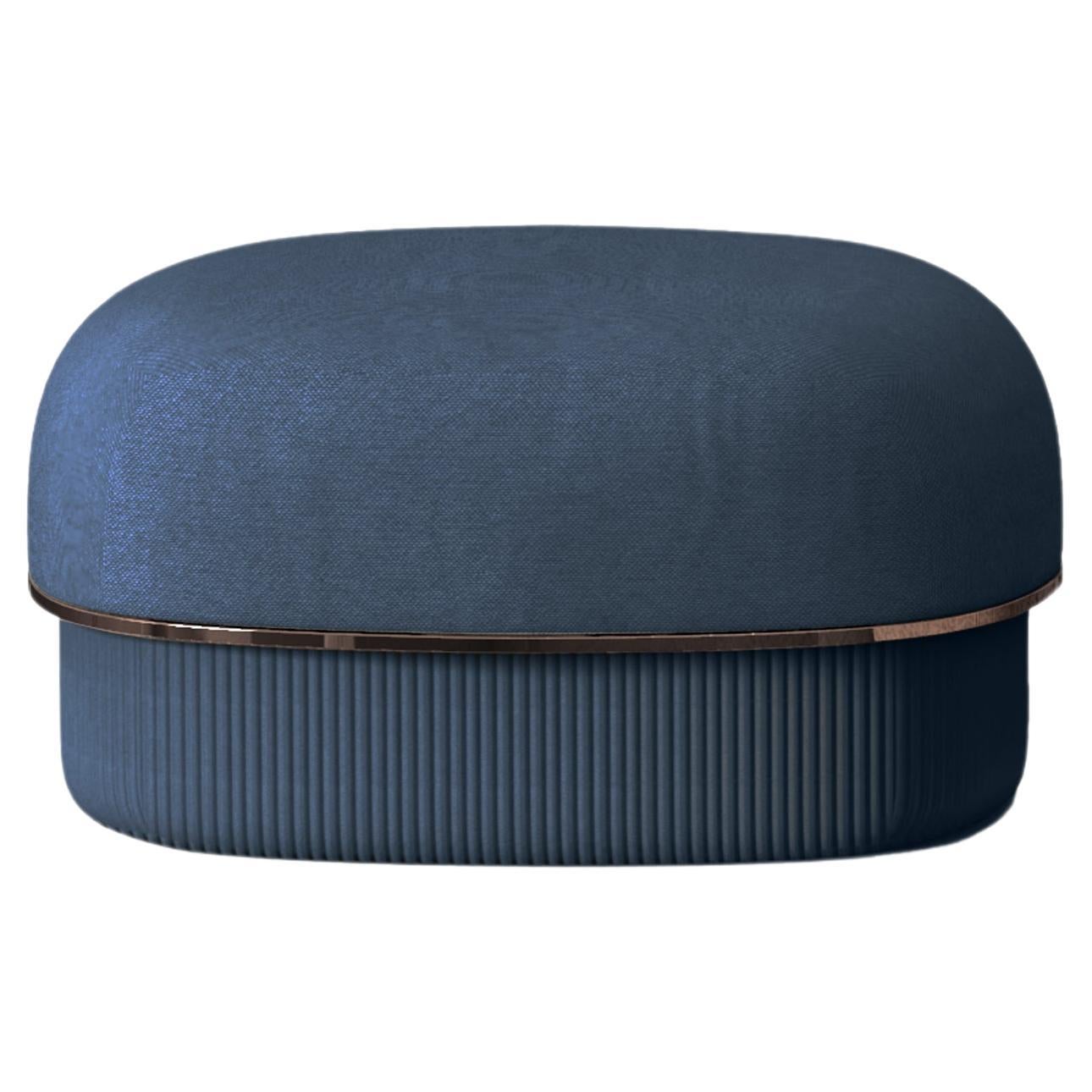 Modern Gentle Small Pouf in Blue Fabric and Bronze Metal