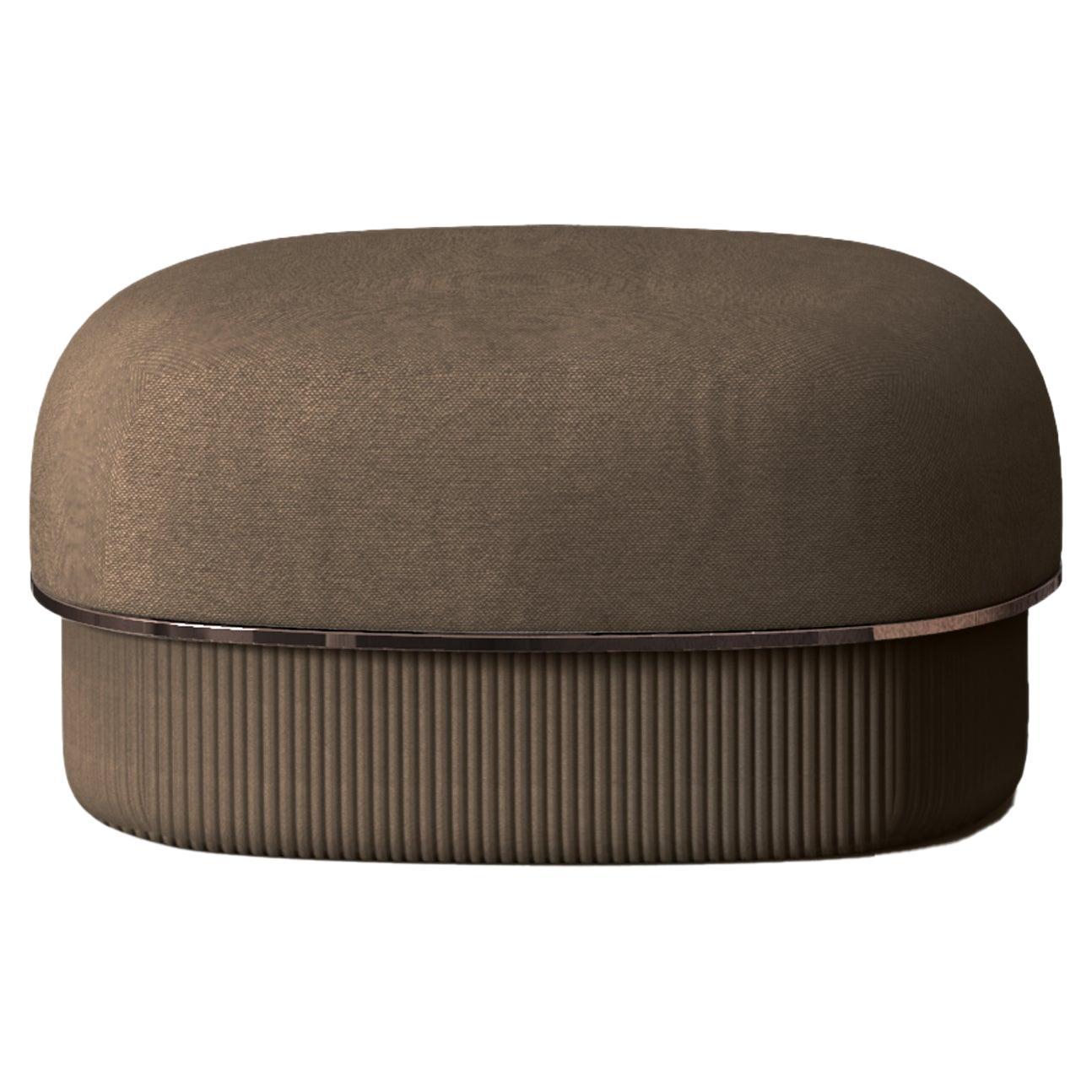 Modern Gentle Small Pouf in Brown Fabric and Bronze Metal For Sale