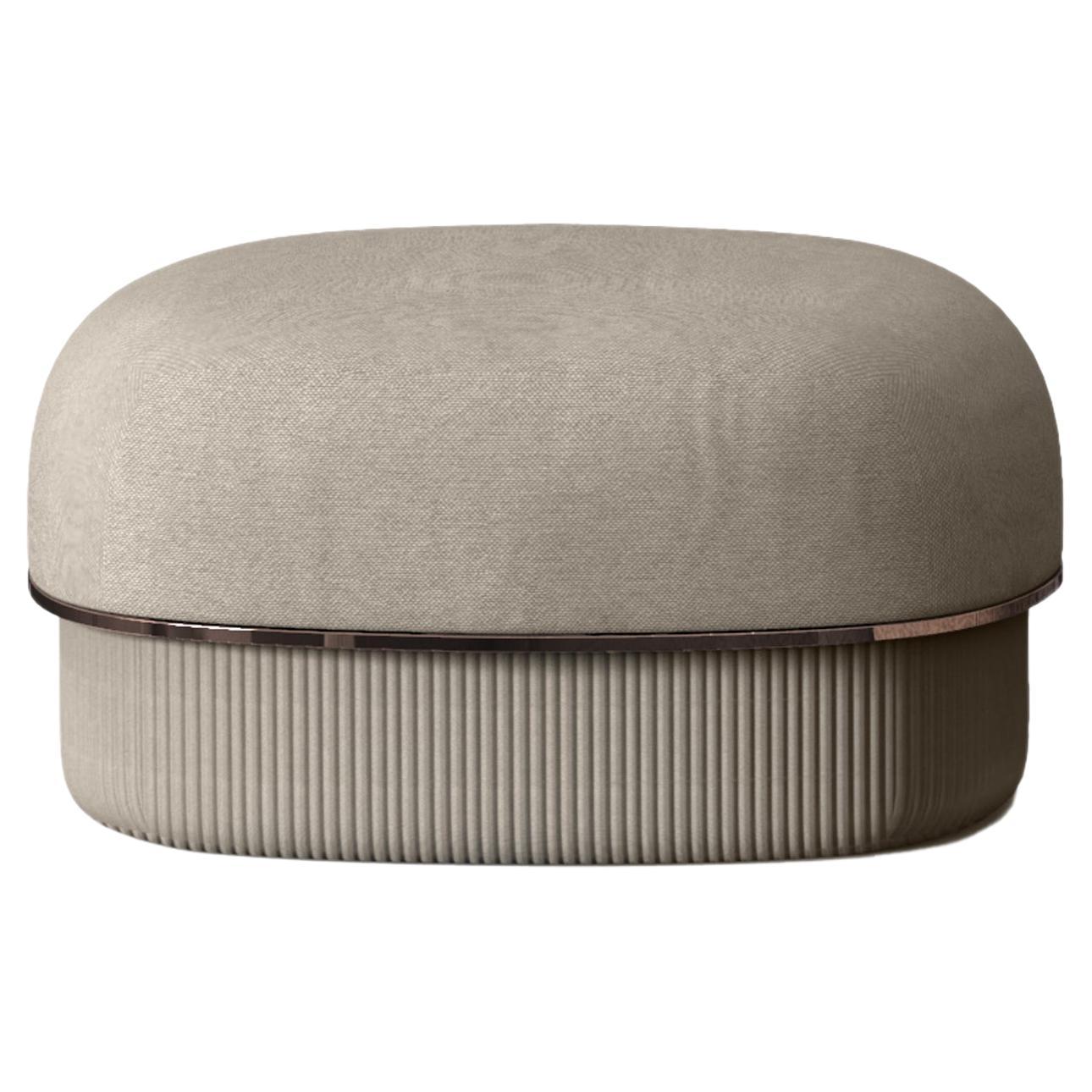 Modern Gentle Small Pouf in Cream Fabric and Bronze Metal For Sale