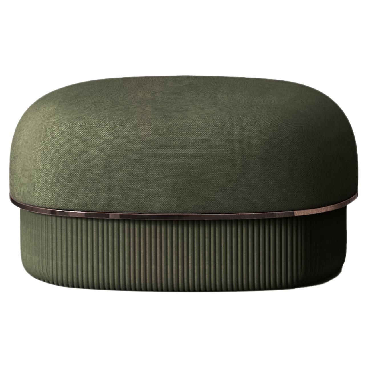 Modern Gentle Small Pouf in Green Fabric and Bronze Metal