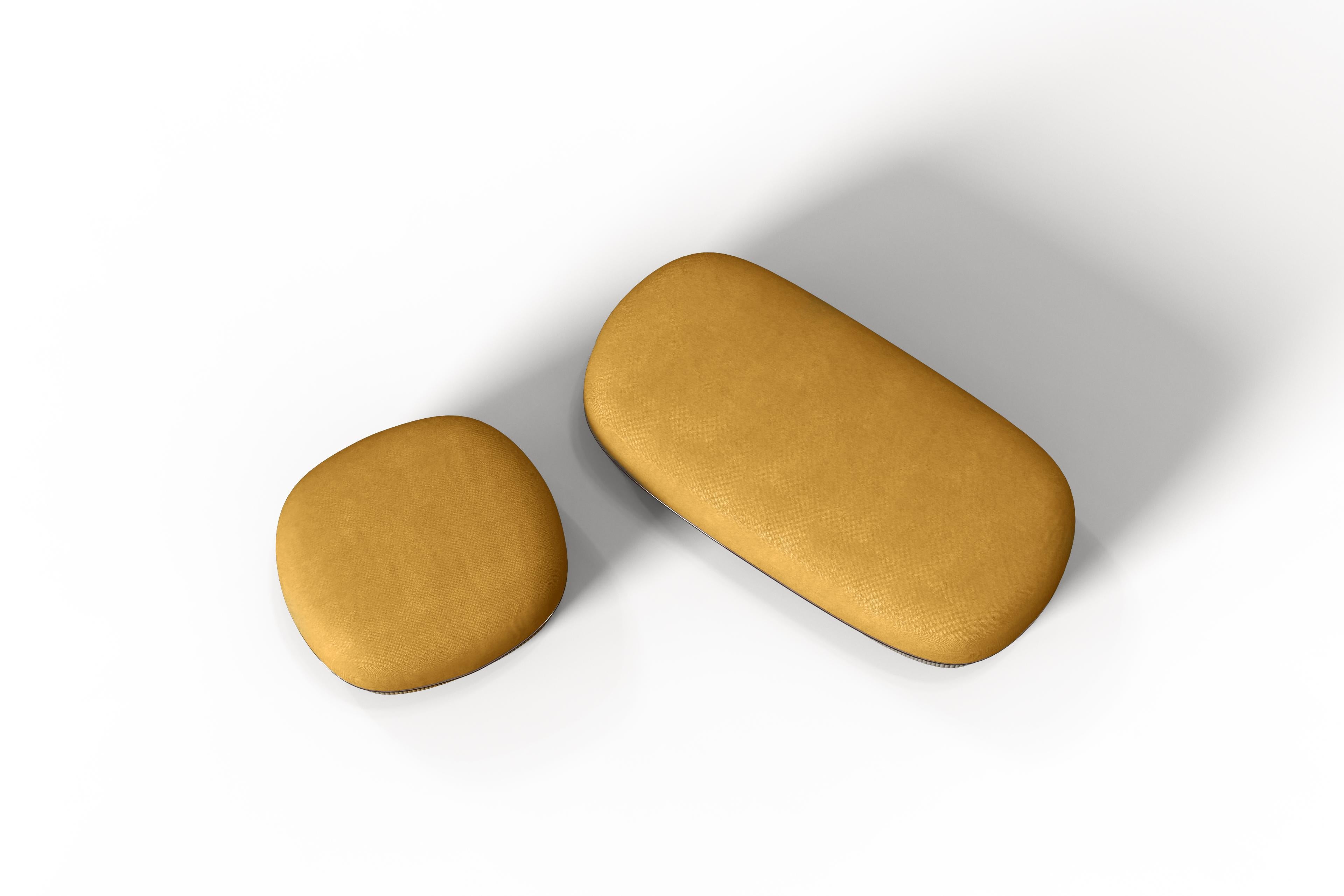 Other Modern Gentle Small Pouf in Mustard Fabric and Bronze Metal For Sale