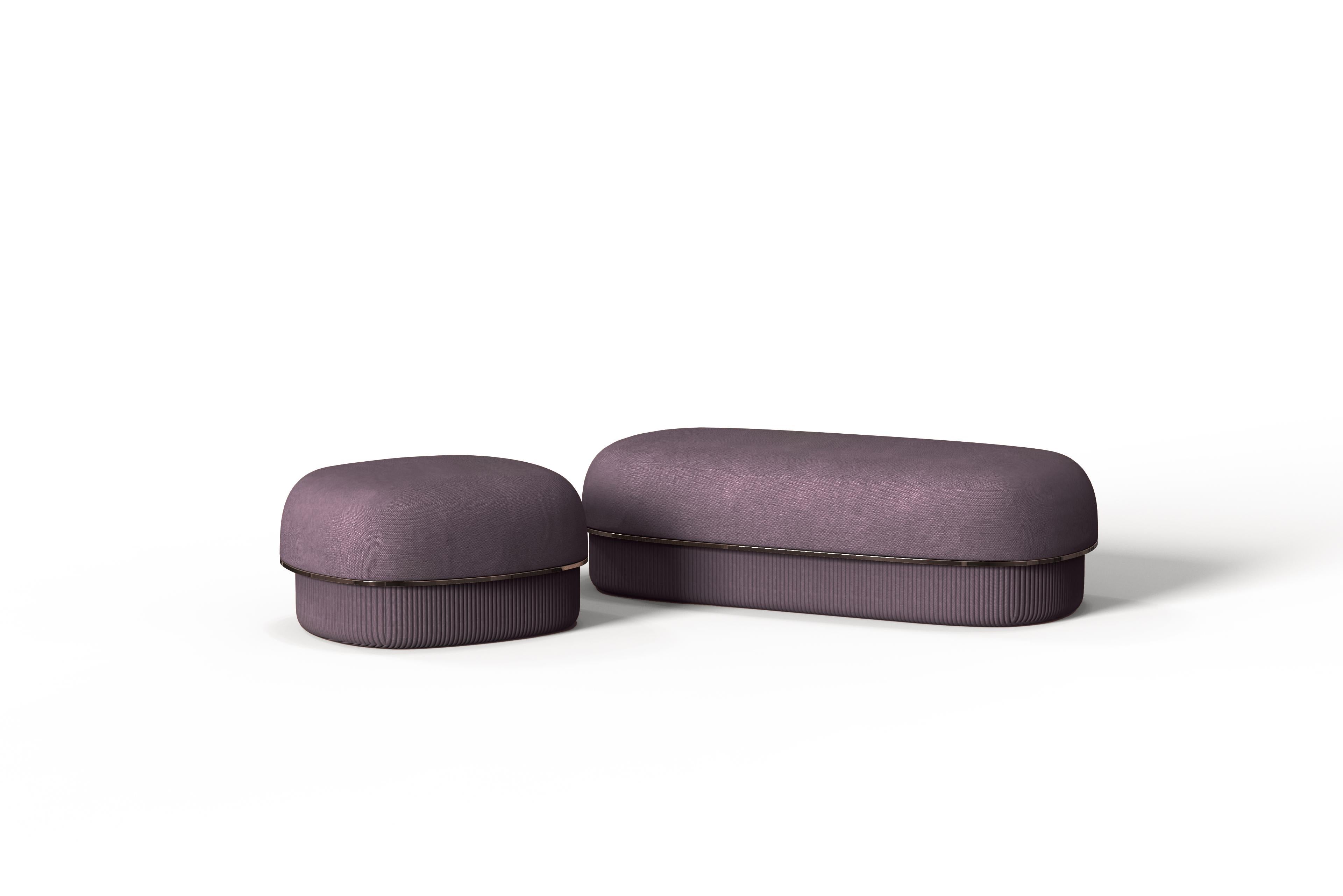 Other Modern Gentle Small Pouf in Purple Fabric and Bronze Metal For Sale