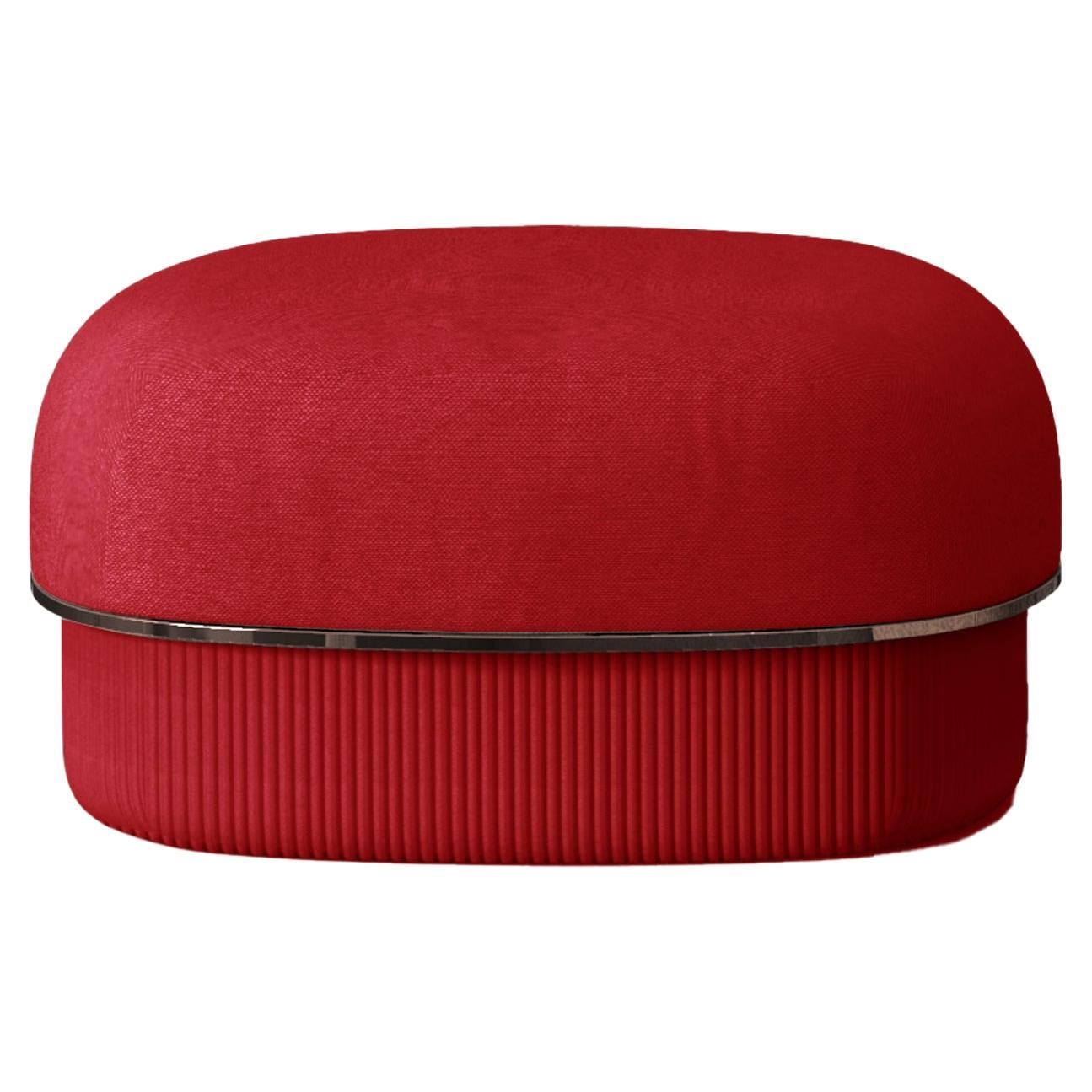 Modern Gentle Small Pouf in Red Fabric and Bronze Metal For Sale