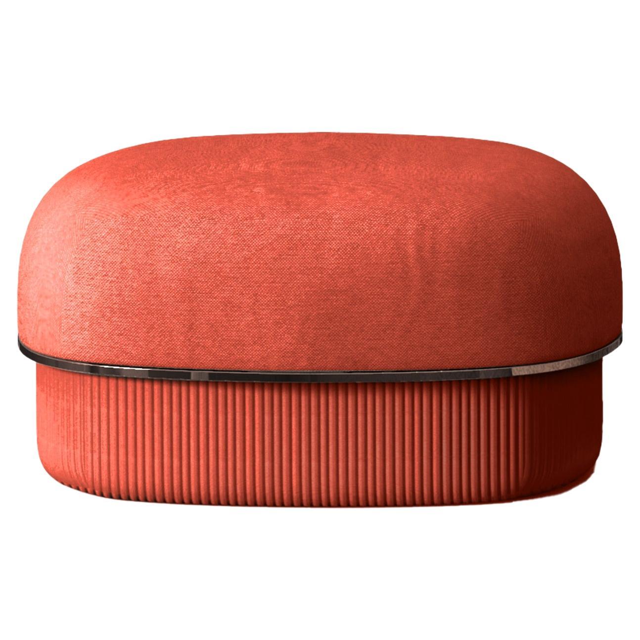 Modern Gentle Small Pouf in Salmon Fabric and Bronze Metal For Sale