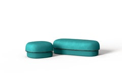 Modern Gentle Small Pouf in Teal Fabric and Bronze Metal