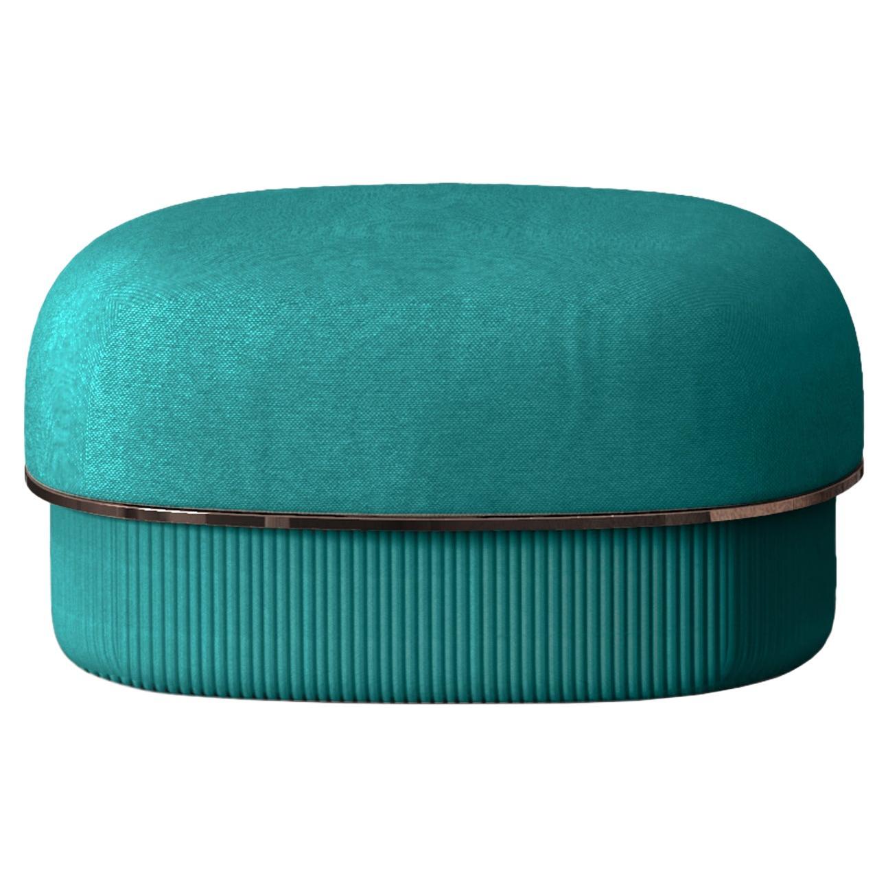 Modern Gentle Small Pouf in Teal Fabric and Bronze Metal For Sale