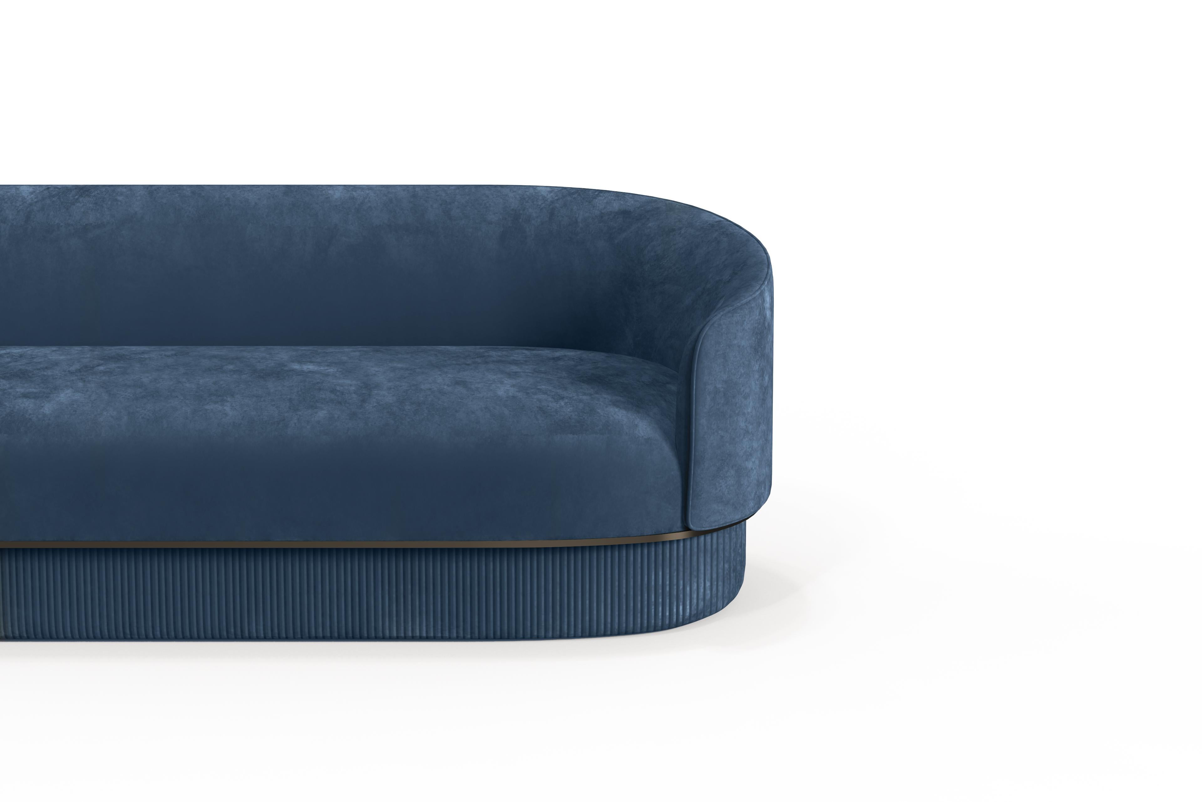 Portuguese Modern Gentle Sofa in Blue Velvet and Bronze Metal For Sale