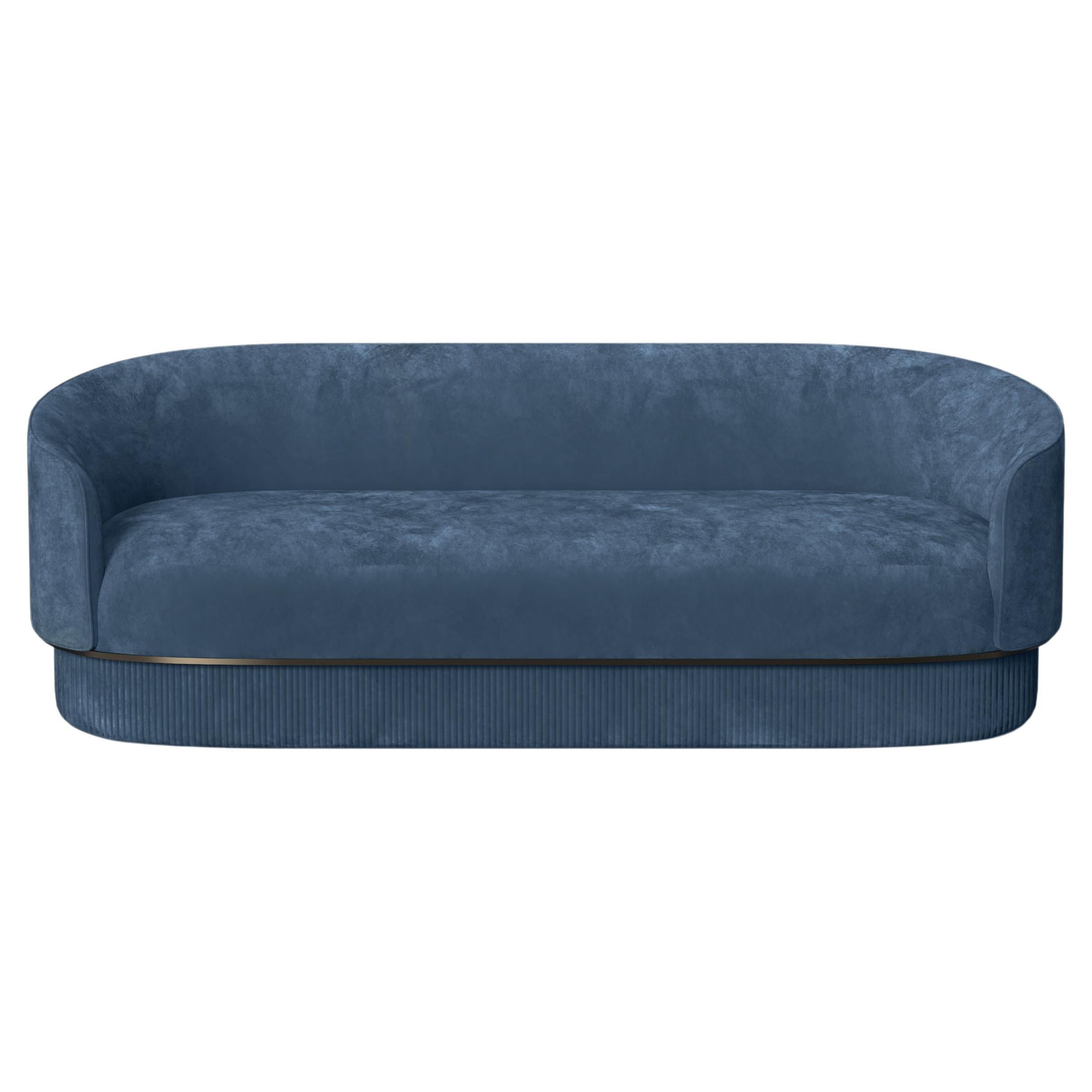 Modern Gentle Sofa in Blue Velvet and Bronze Metal