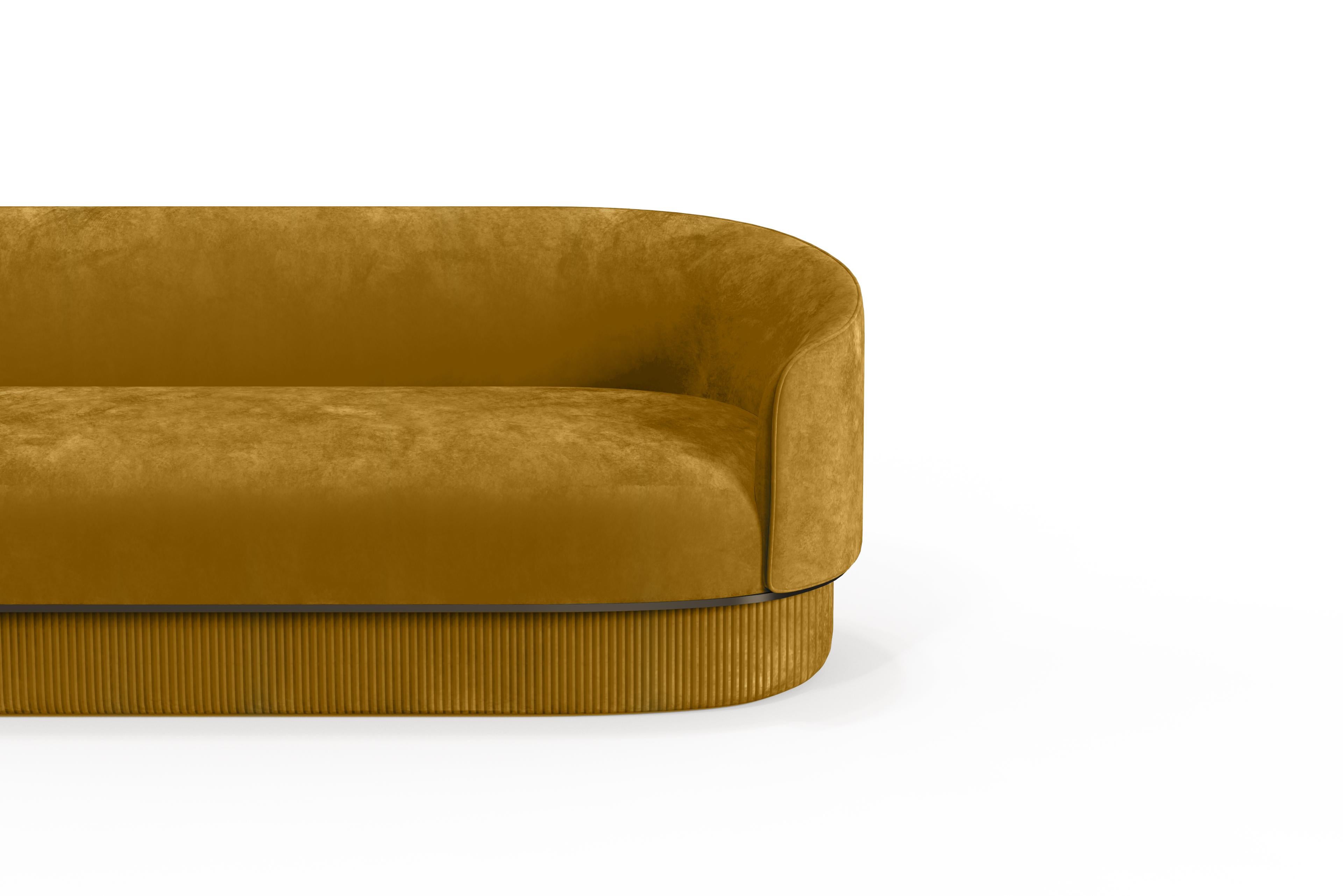 Portuguese Modern Gentle Sofa in Mustard Velvet and Bronze Metal For Sale