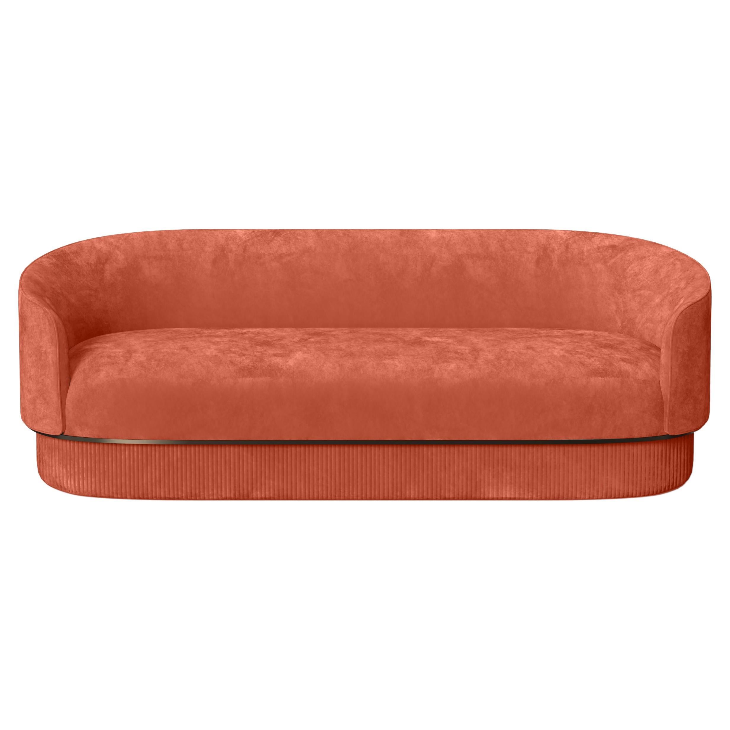 Modern Gentle Sofa in Salmon Velvet and Bronze Metal