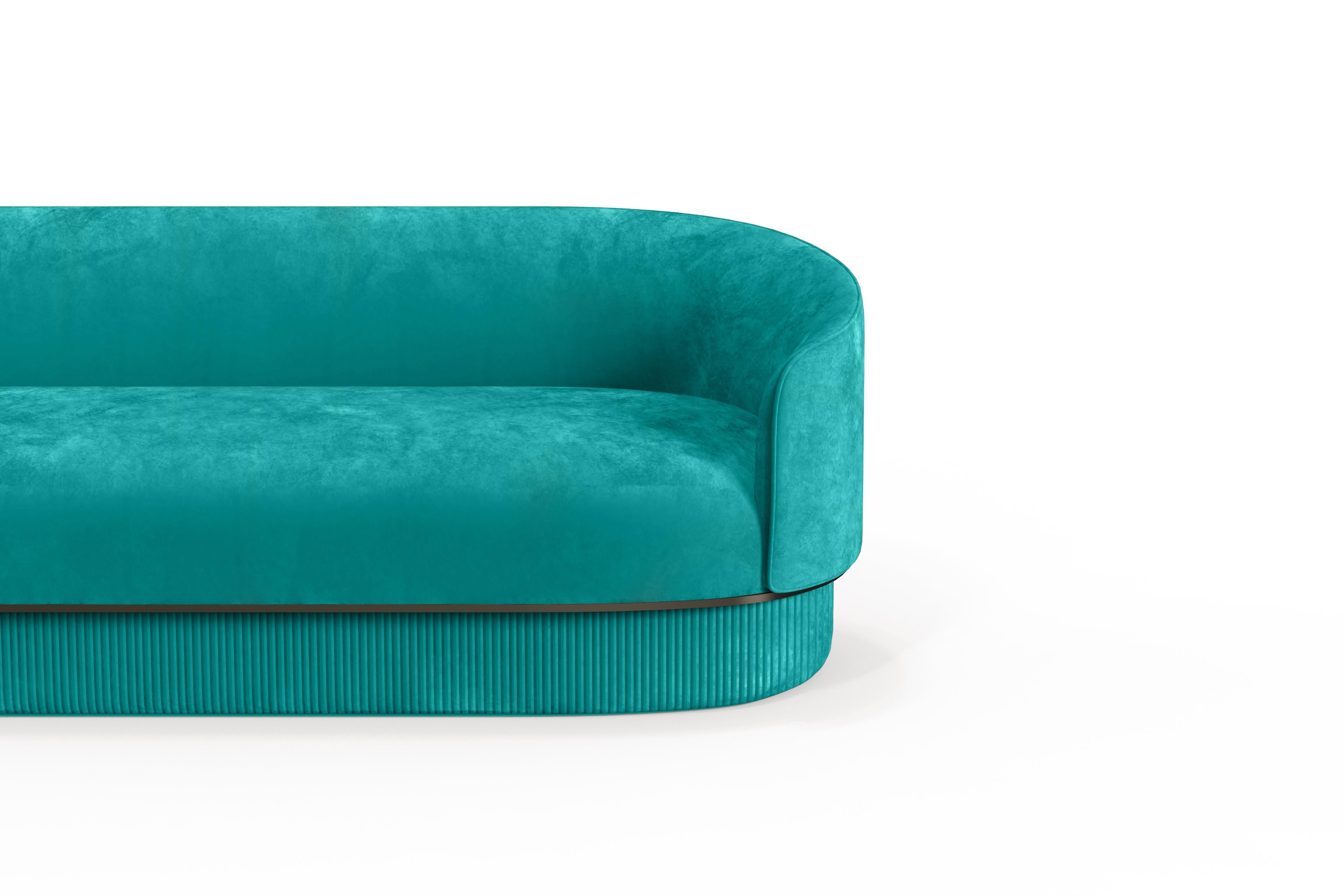 Portuguese Modern Gentle Sofa in Teal Velvet and Bronze Metal For Sale
