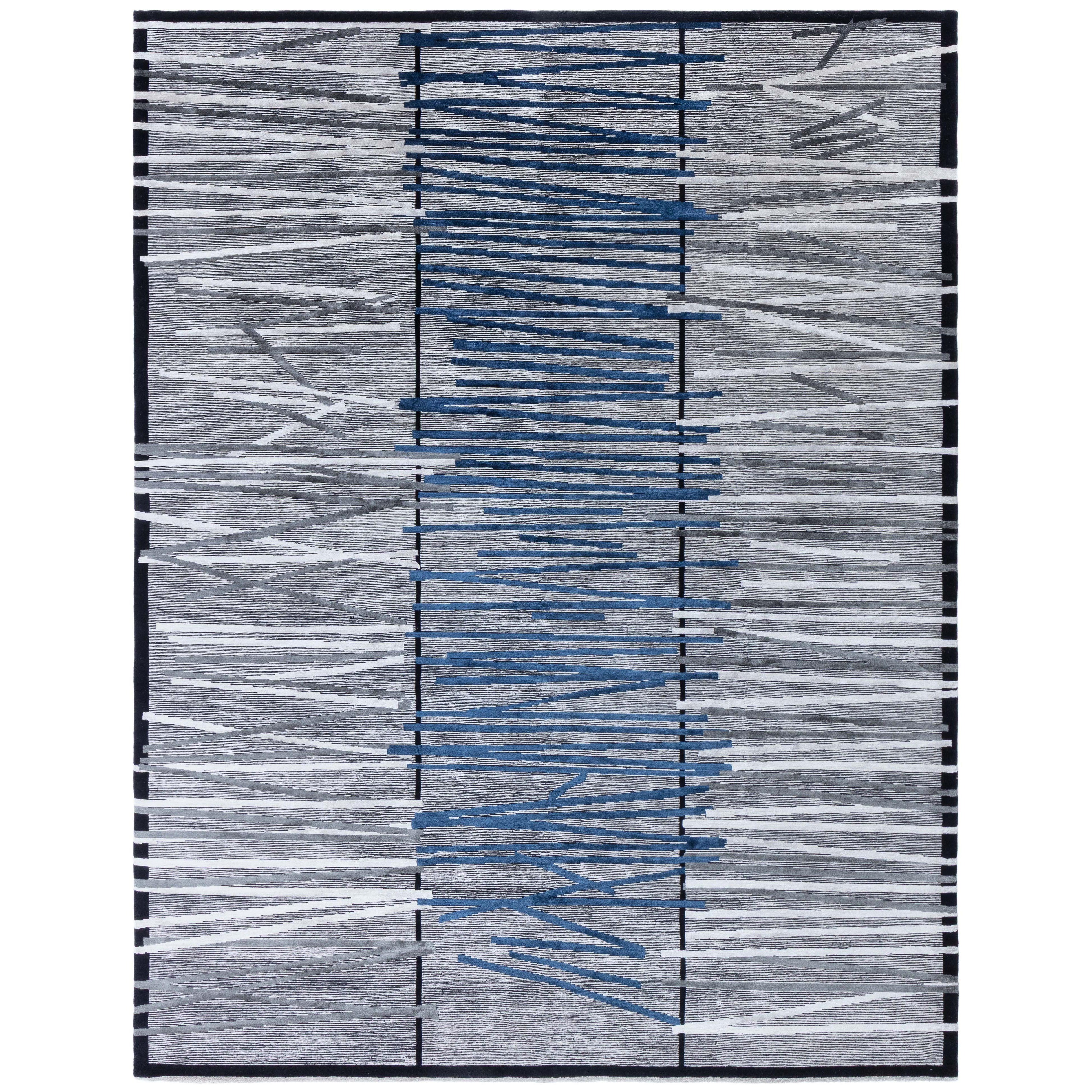 Tappeto moderno geometrico Art Deco in lana e seta in blu e grigio di Doris Leslie Blau