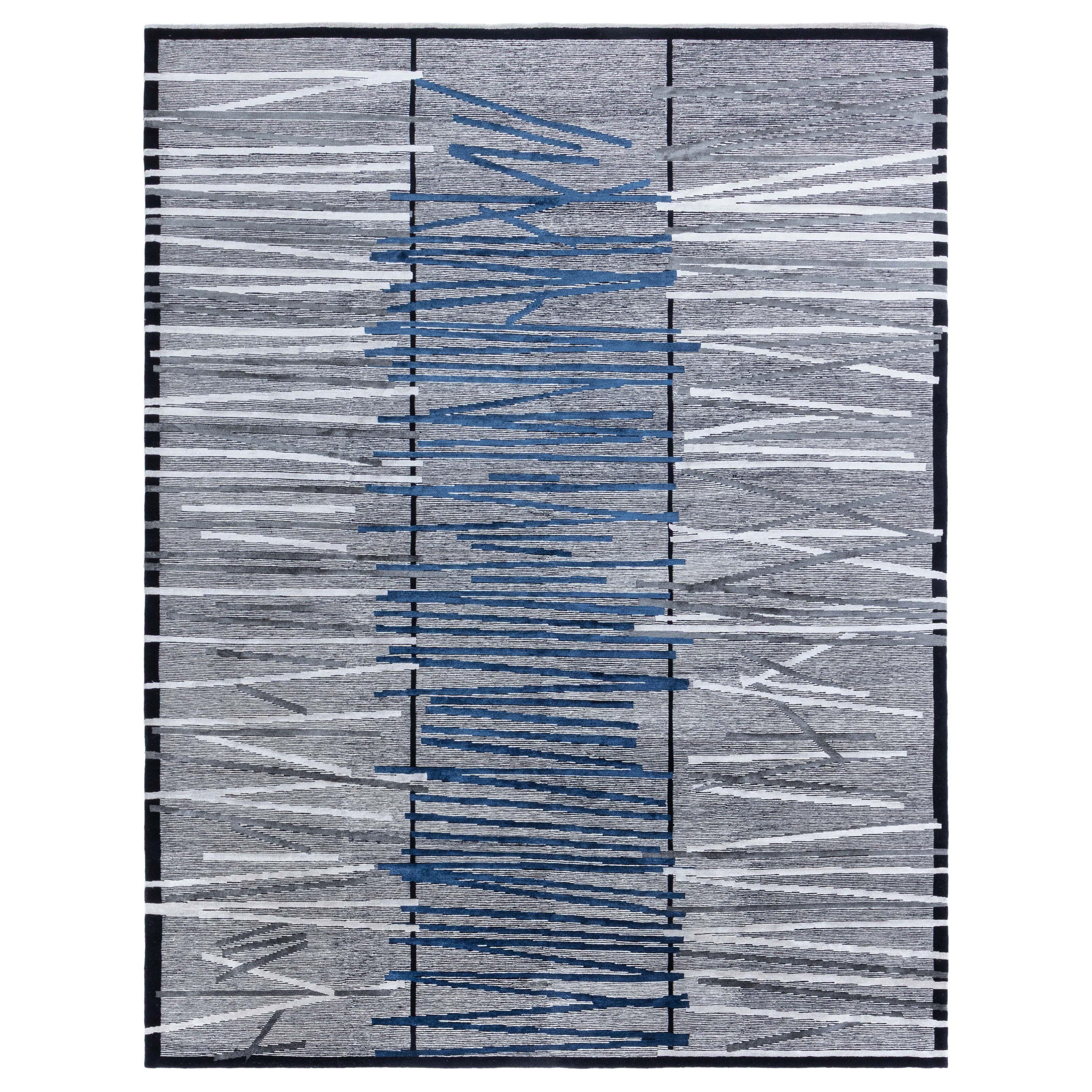 Moderner geometrischer Art-déco-Teppich aus Wolle und Seide in Blau und Grau von Doris Leslie Blau im Angebot