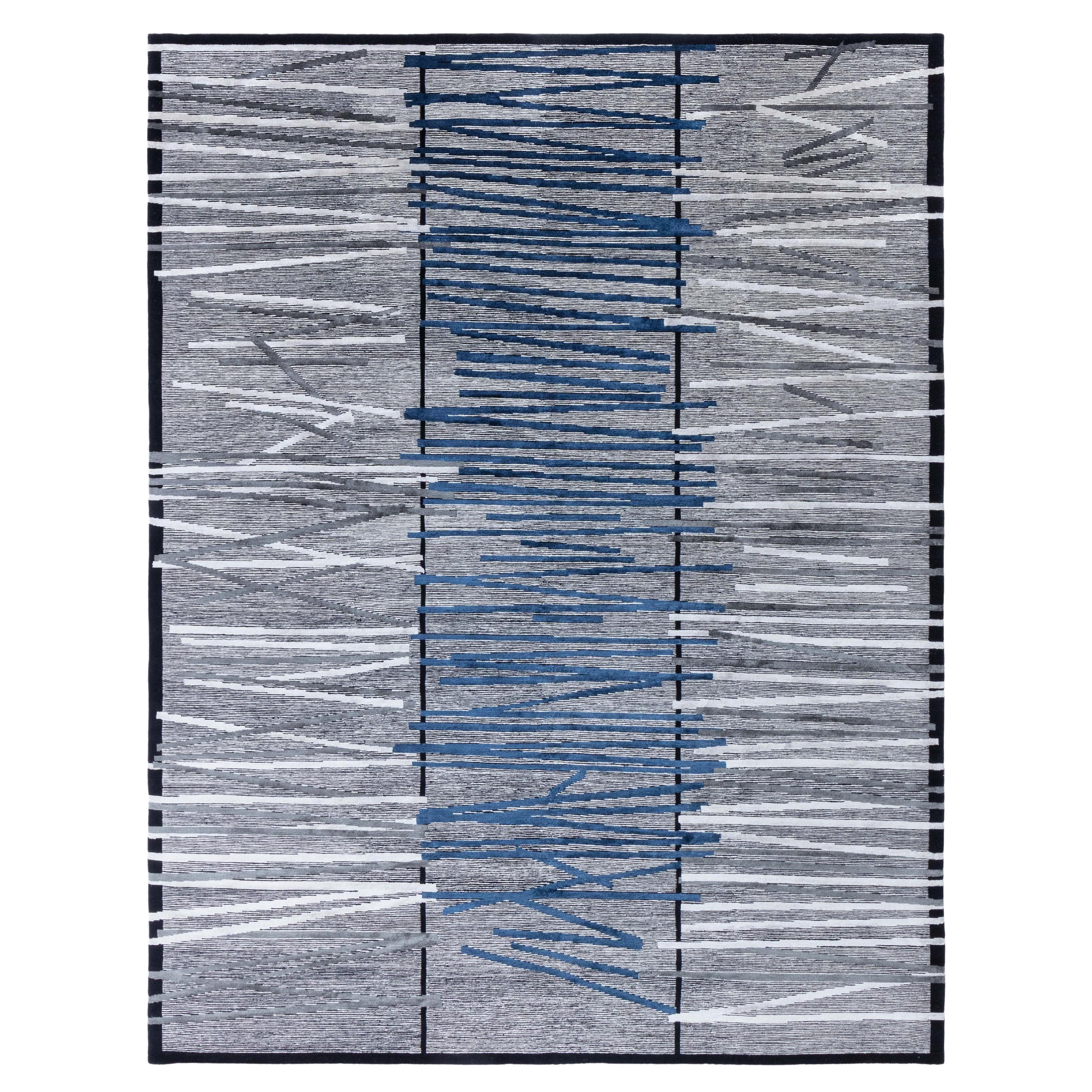Modern Geometric Art Deco Wool
Silk Rug in Blue and Gray by Doris Leslie Blau