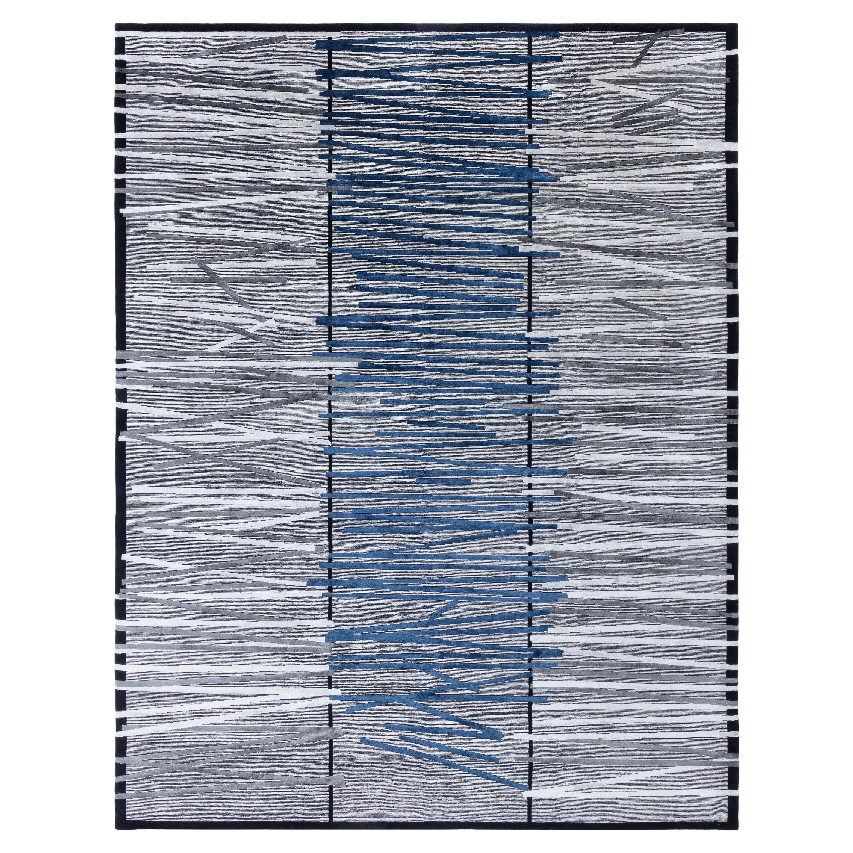 Tapis moderne géométrique Art déco en laine et soie bleu et gris par Doris Leslie Blau