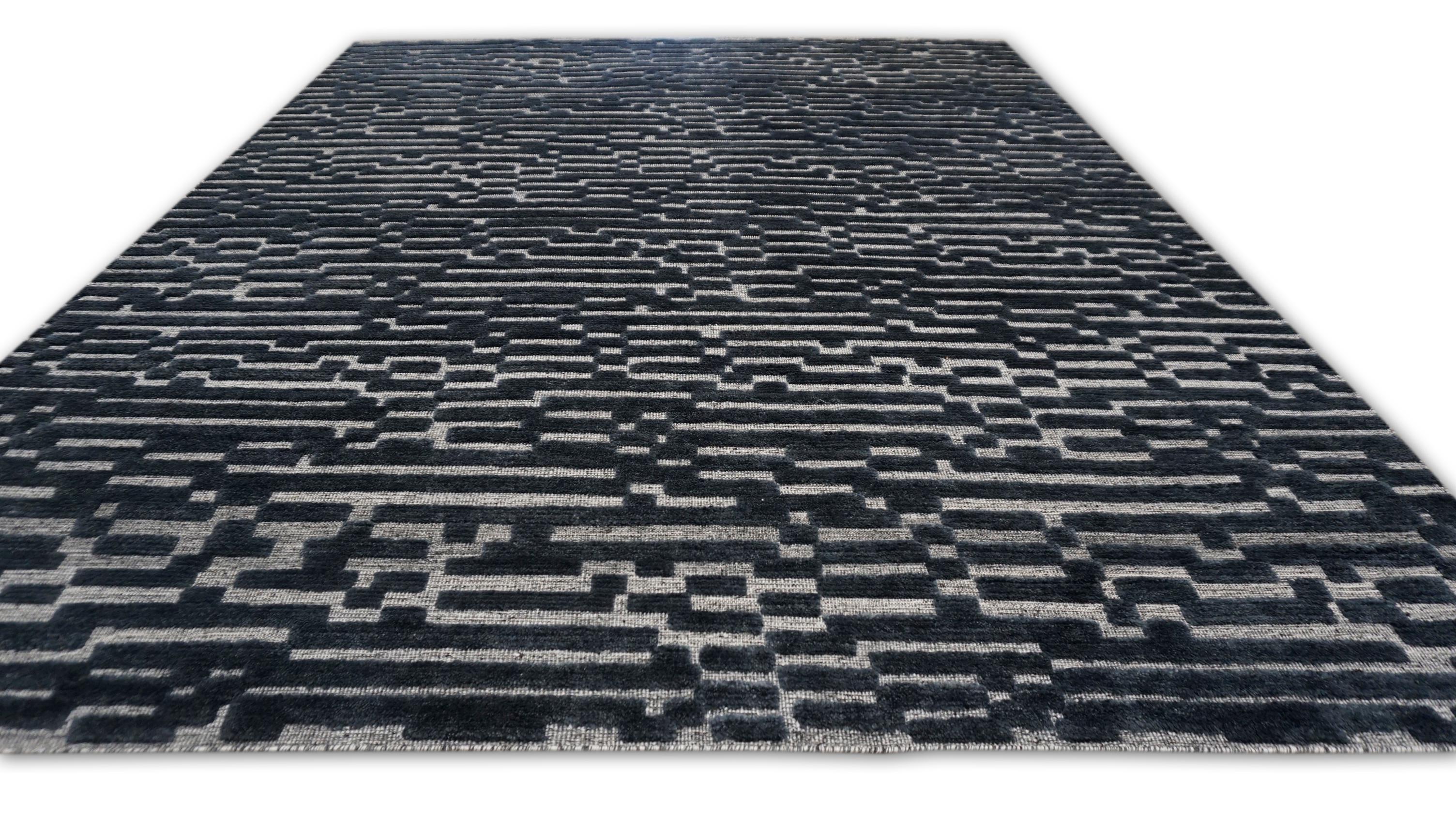 Modernes geometrisches Blau und Grau  Wollteppich 8'x10' im Angebot 3