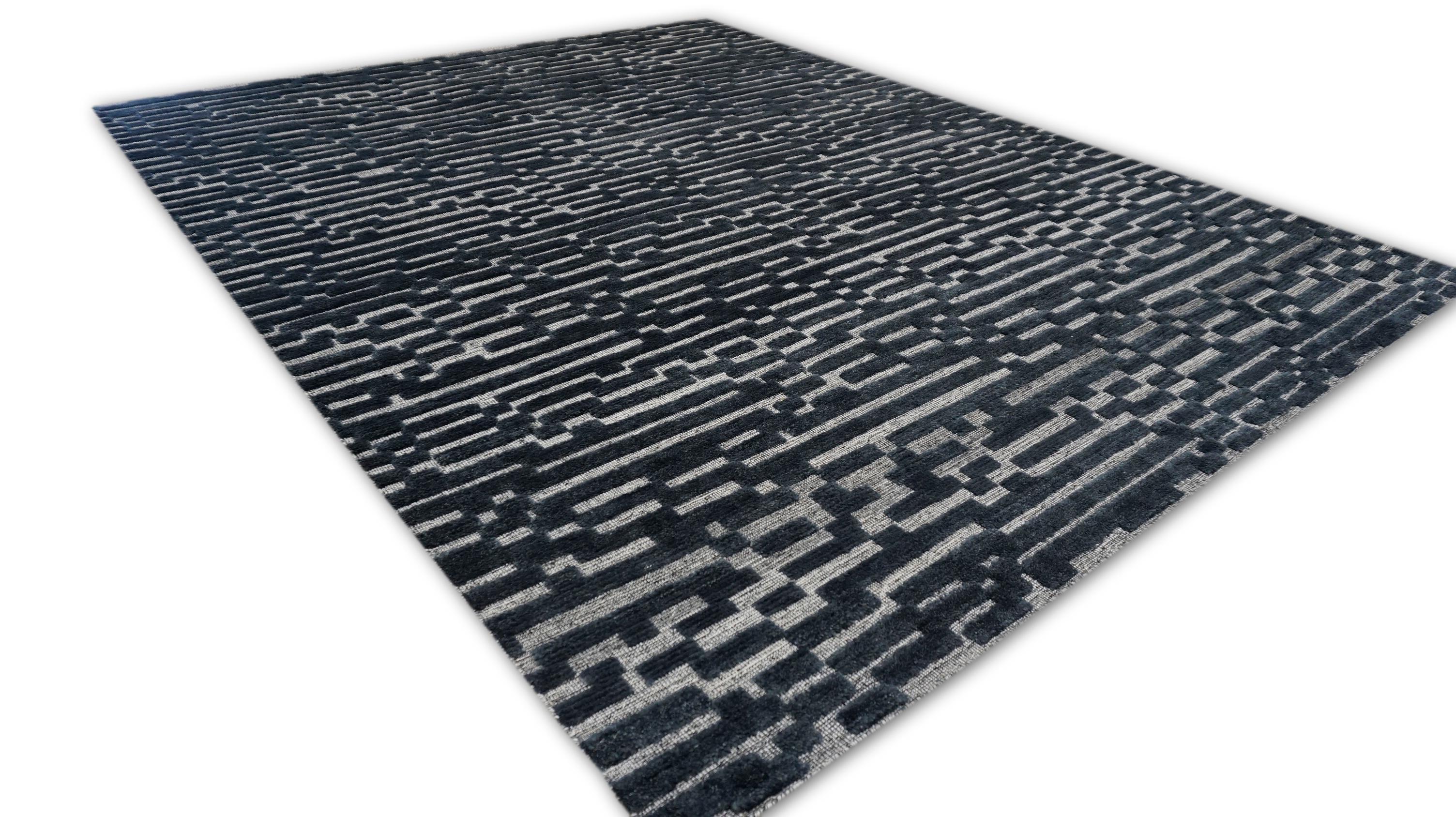 Modernes geometrisches Blau und Grau  Wollteppich 8'x10' im Angebot 4