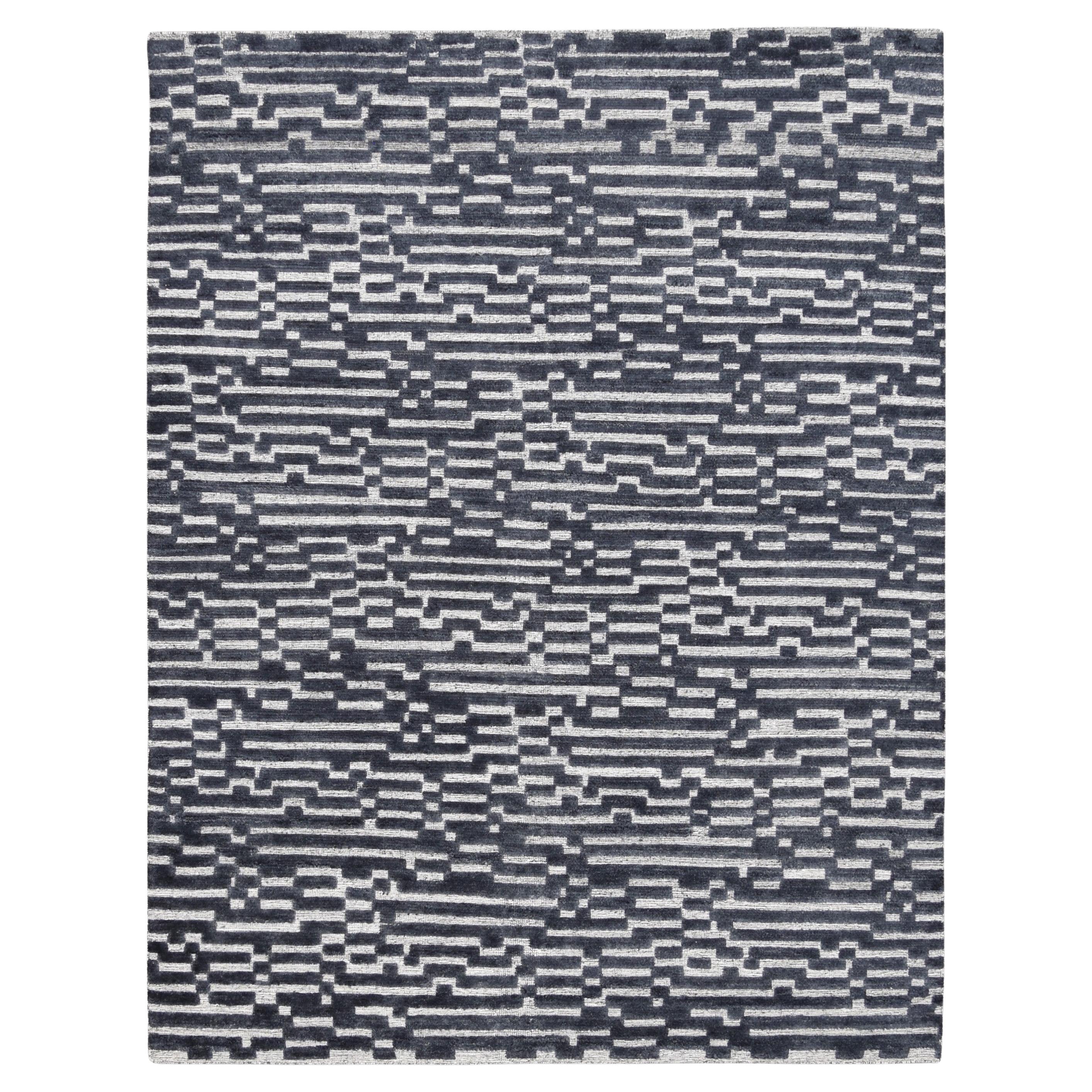 Modern Geometric Blue and Grey  Wool Rug 8'x10'