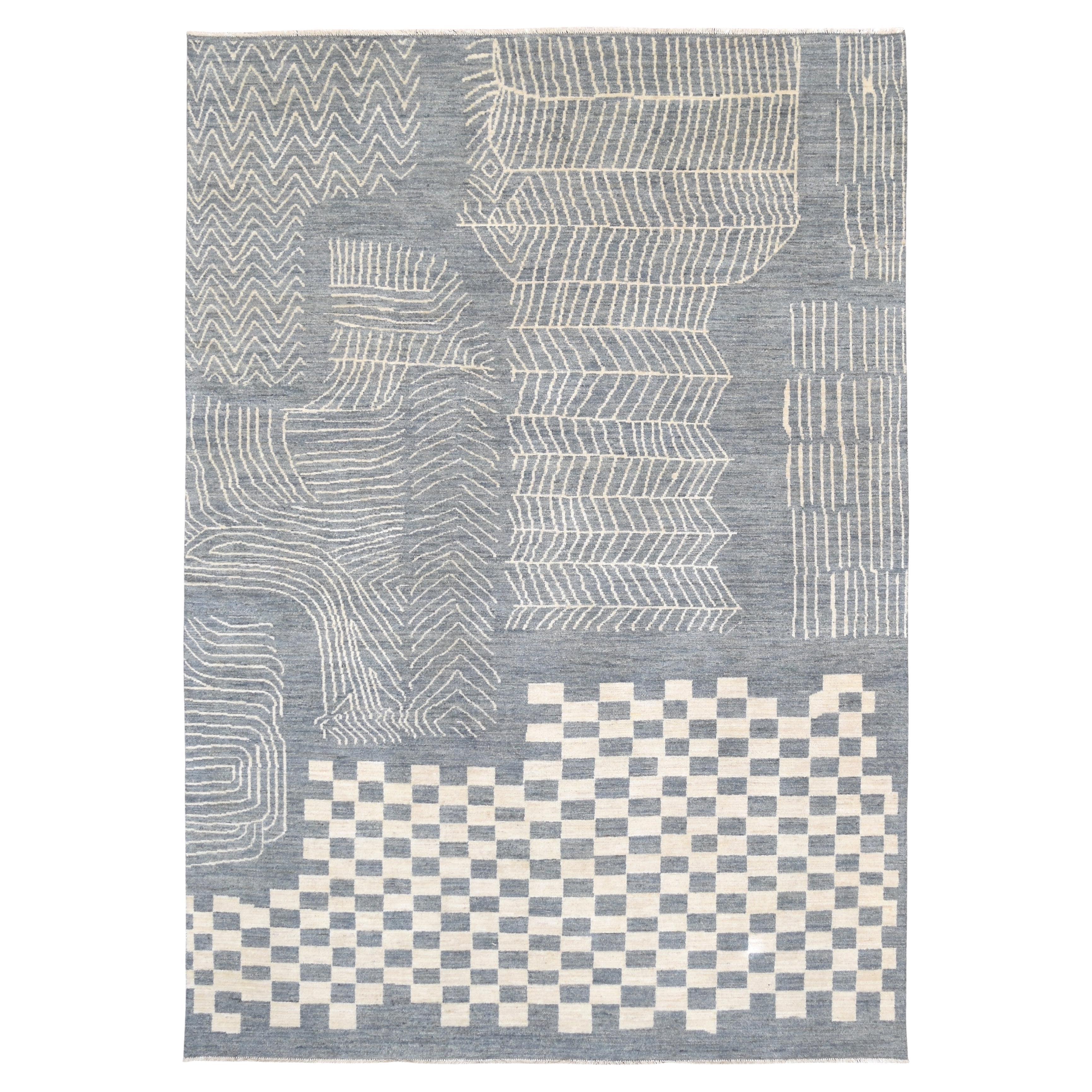 Modern Geometric Blue and Ivory Wool Rug 8'7''x12'2''