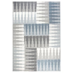 Modern Geometric Blue, Gray and White Flat-Weave Wool Rug by Doris Leslie Blau