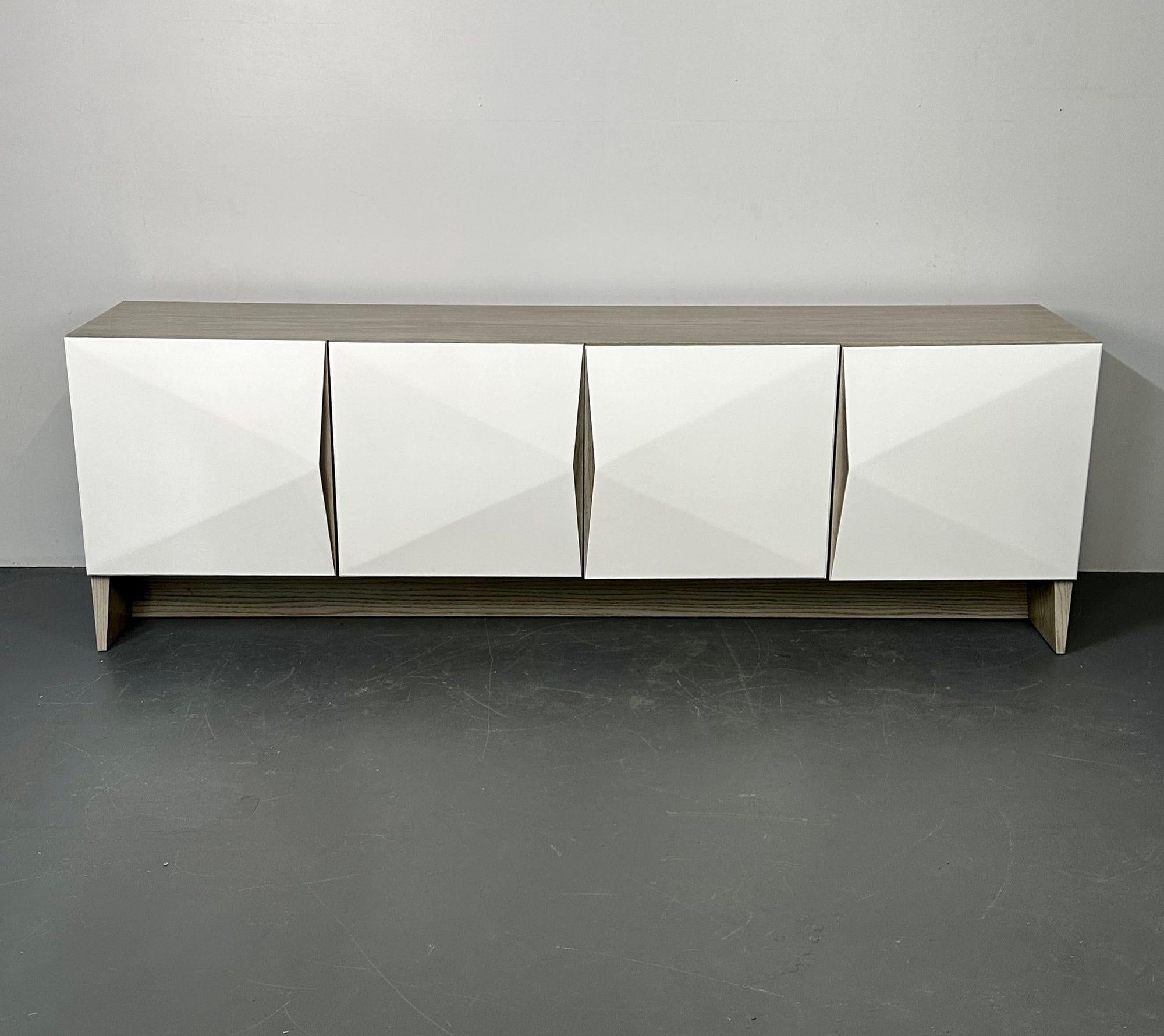 American Modern Geometric Ceruse Oak Dresser, Sideboard, Cabinet, White Lacquered For Sale