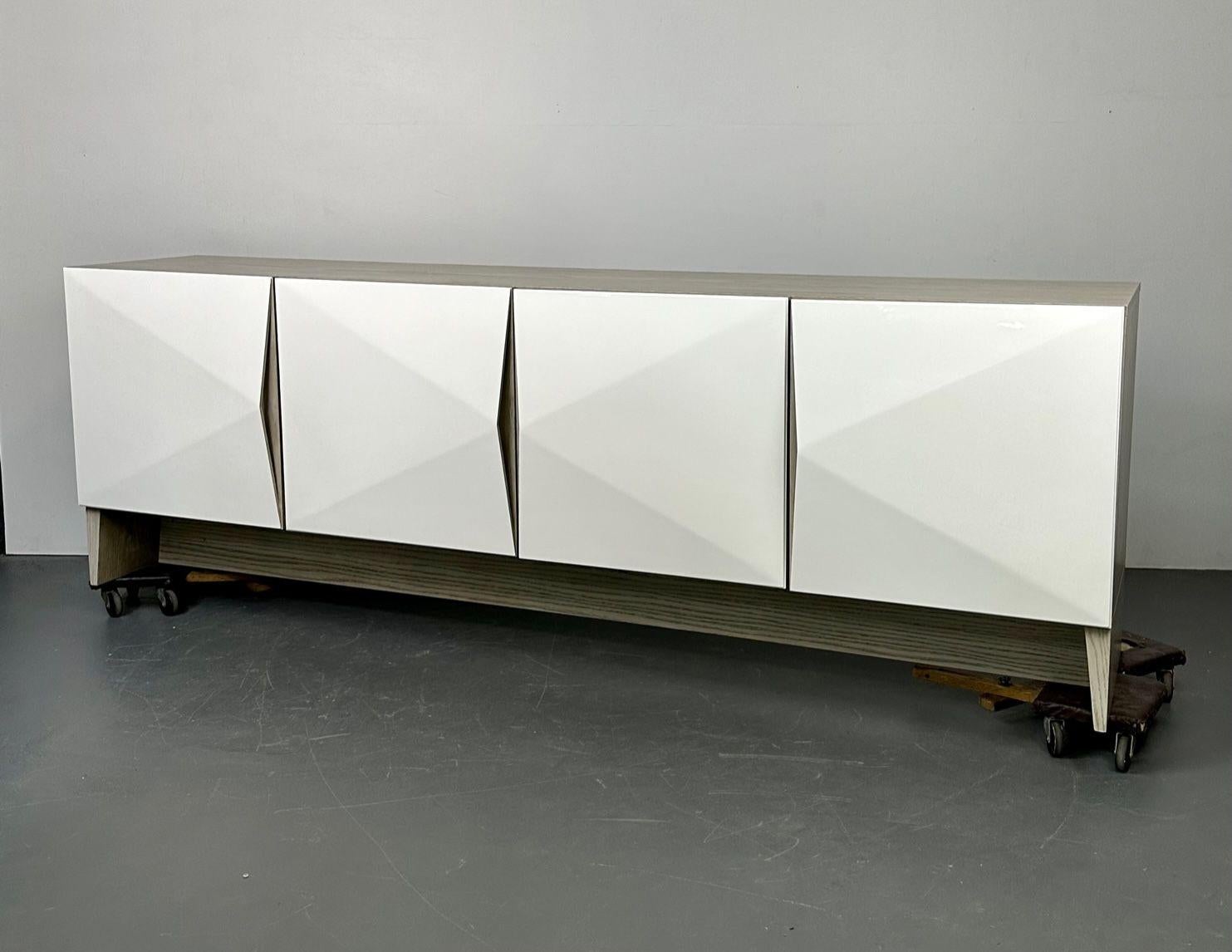 Modern Geometric Ceruse Oak Dresser, Sideboard, Cabinet, White Lacquered For Sale 2