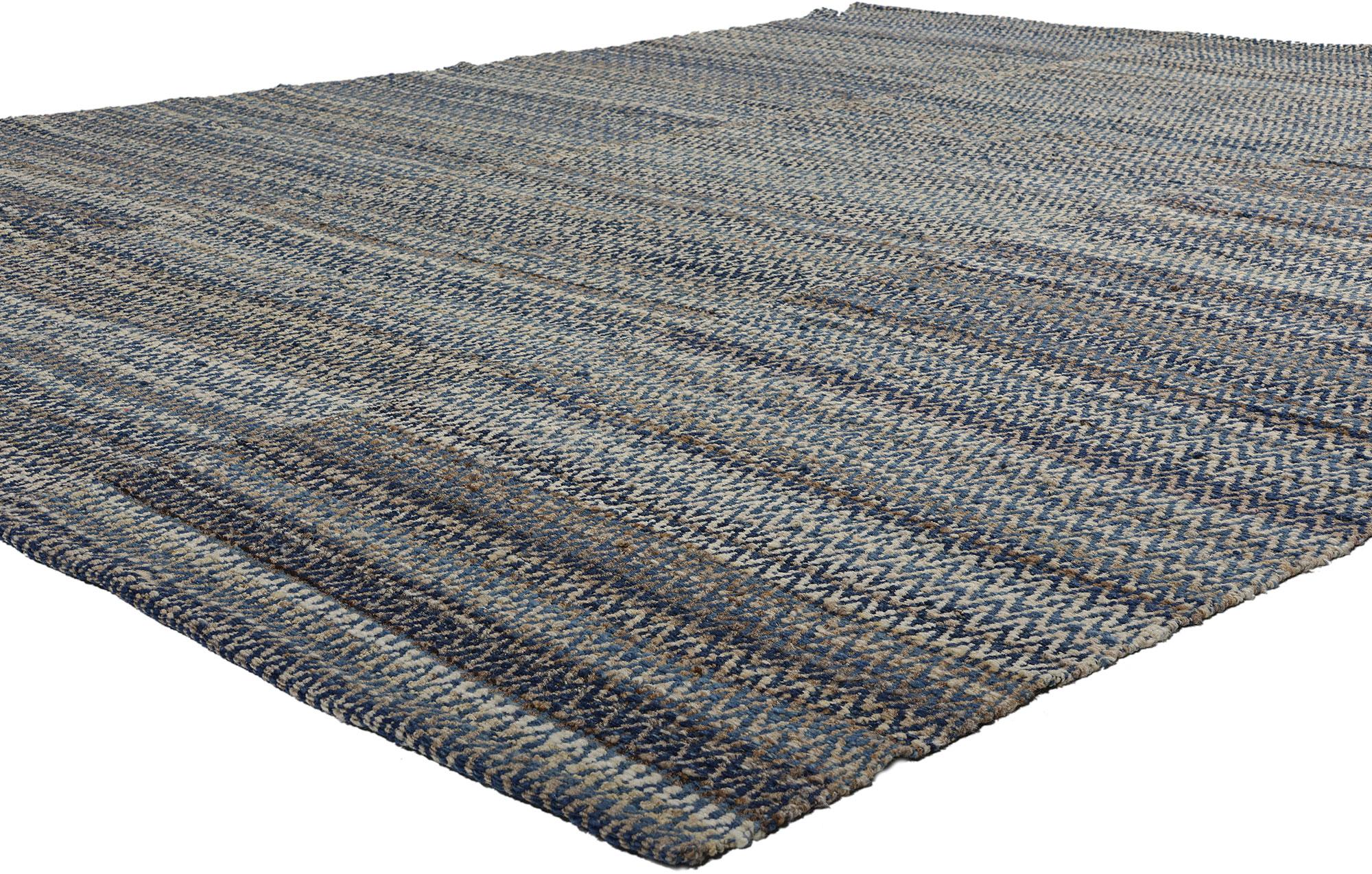 81103 Modern Blue Earth-Tone Chevron Kilim Rug, 07'10 x 09'10. Welcome to coastal chic living with our exquisite handwoven modern chevron kilim rug. Crafted with meticulous attention to detail, this flatweave rug features an intricate allover