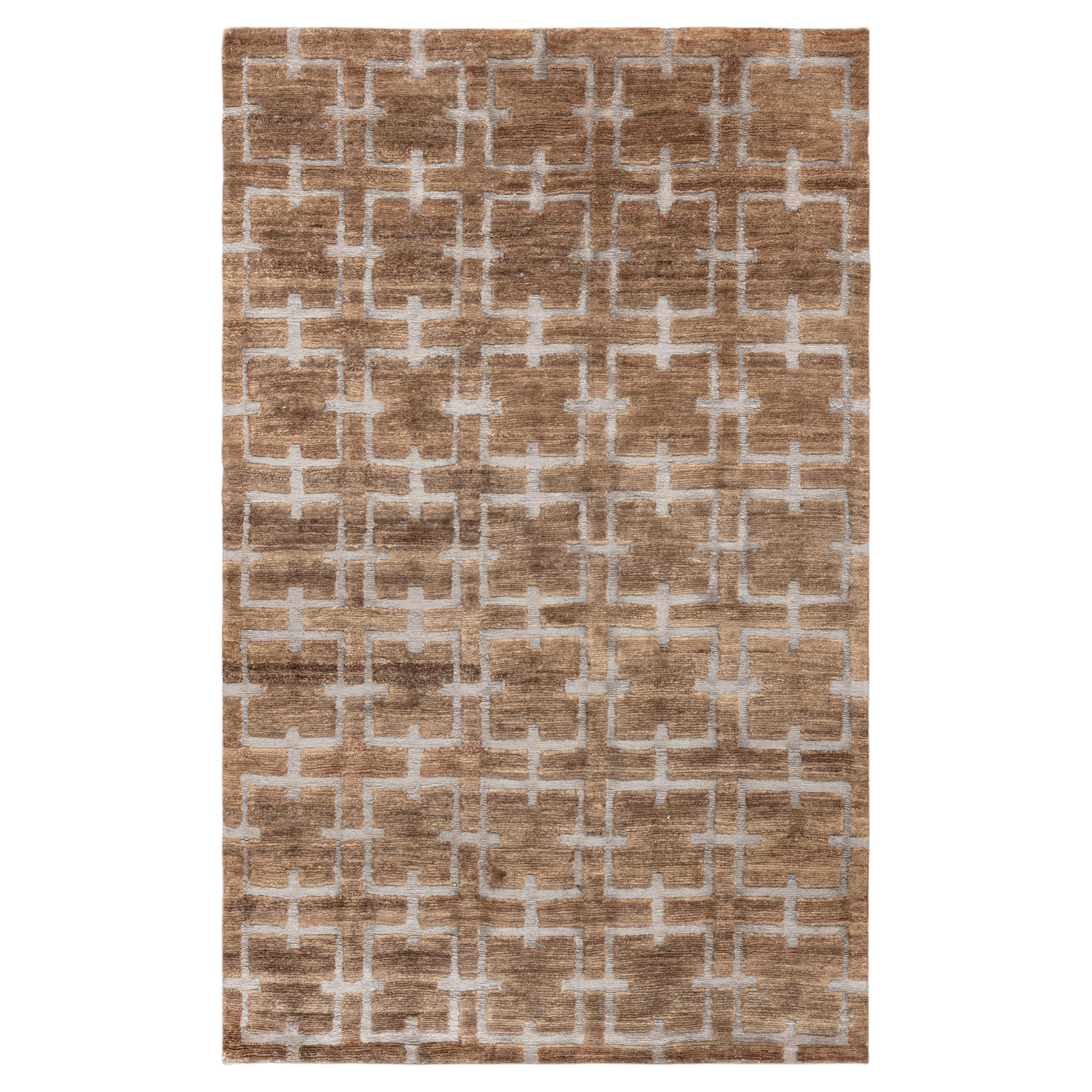 Modern Geometric Classic Taupe And Brown Hemp Rug "Tetrion" by Doris Leslie Blau
