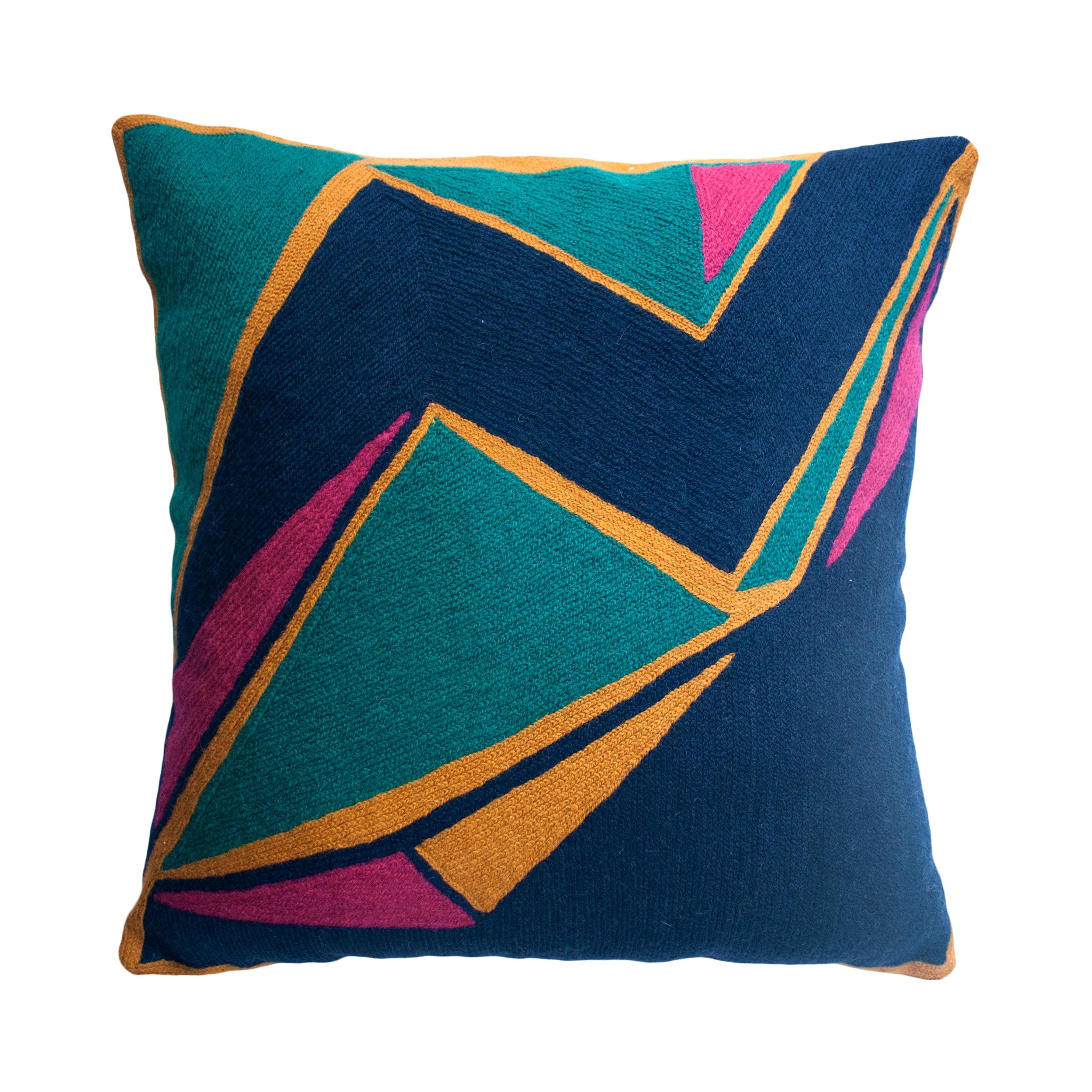 Modern Geometric Detroit Indigo Hand Embroidered Throw Pillow Cover