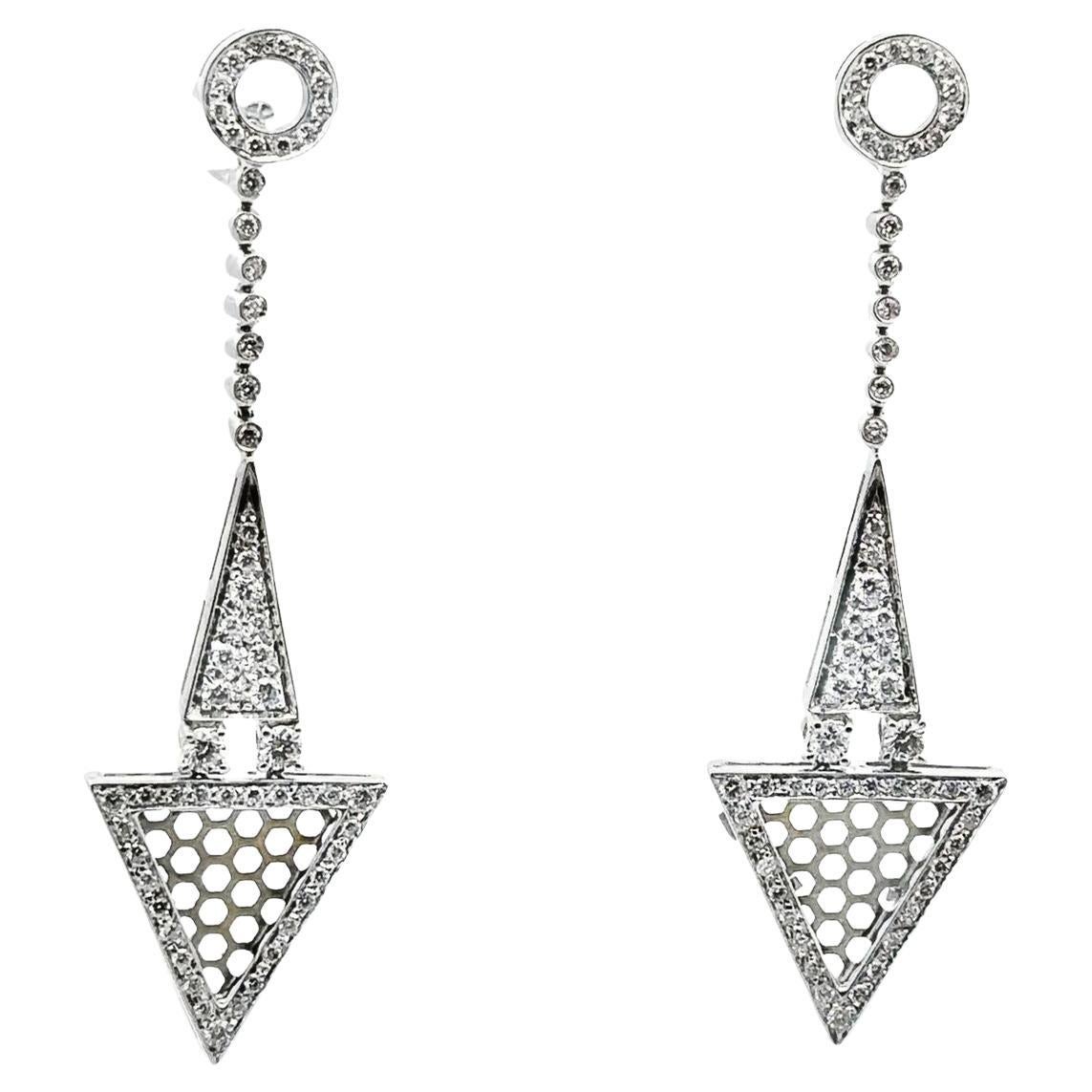 Modern Geometric Diamond 18K White Gold Dangling Drop Earrings 
