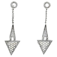 Modern Geometric Diamond 18K White Gold Dangling Drop Earrings 