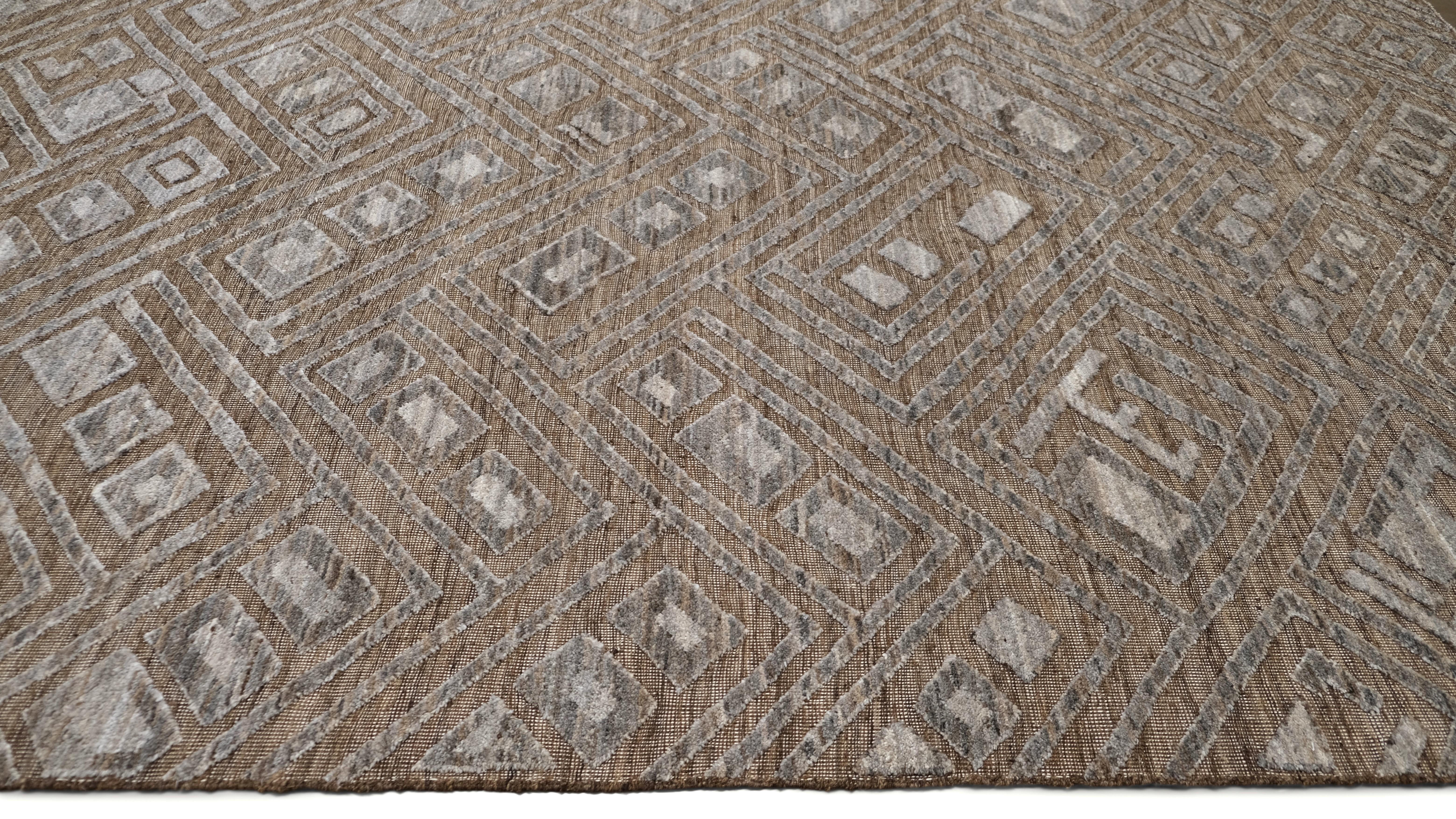 Afghan Tapis moderne géométrique aux tons terreux noué à la main 9'2''x11'10'' en vente
