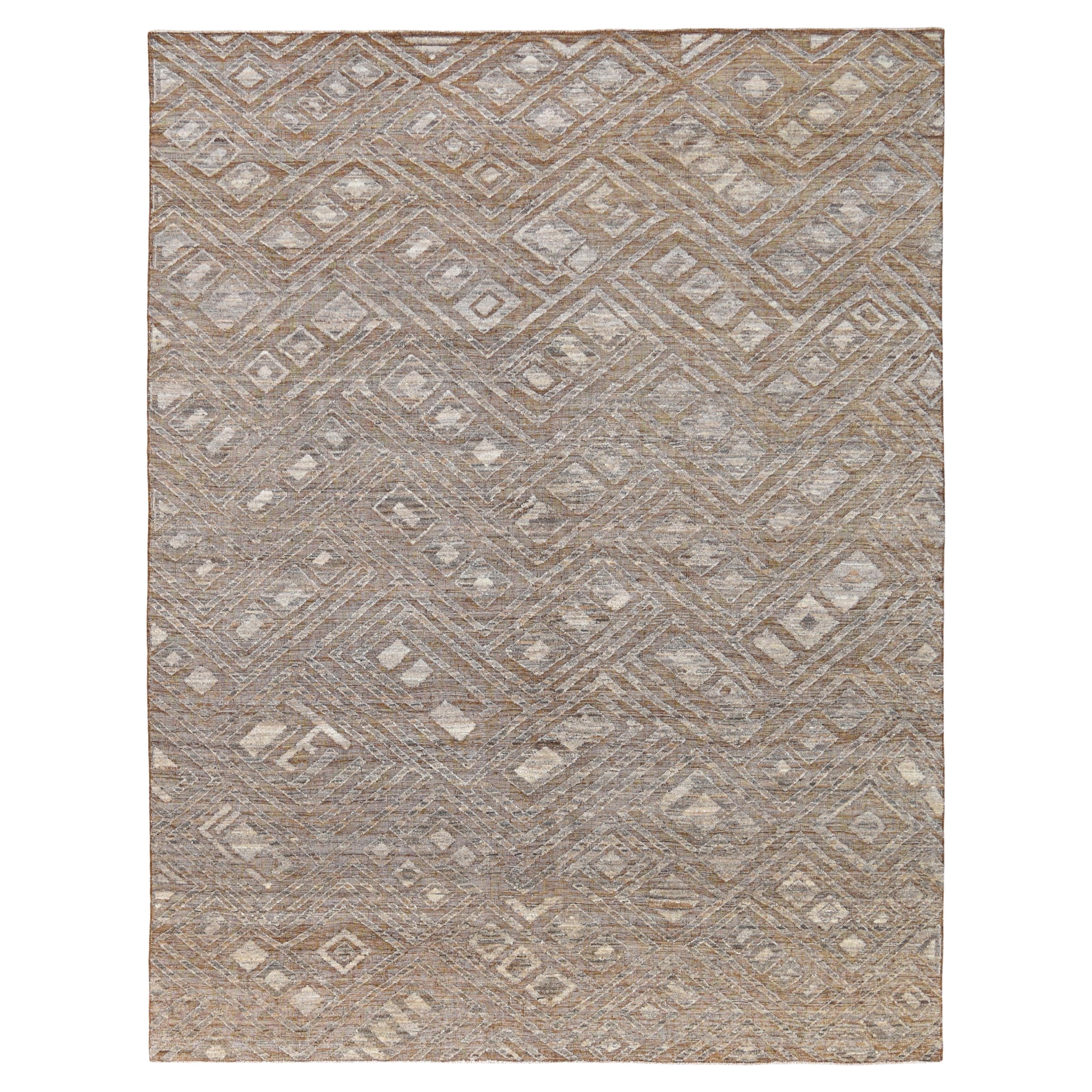 Moderner geometrischer handgeknüpfter, erdfarbener, handgeknüpfter Wollteppich 9'2''x11'10''