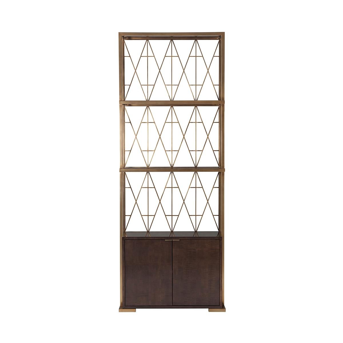 Modern Geometric Etagere Cabinet, A modern geometric trellis-back cabinet with shelves. This etagere style piece has three glass inset shelves above the figured sycamore cabinet base. It is constructed with steel in an 'Icon Bronze
