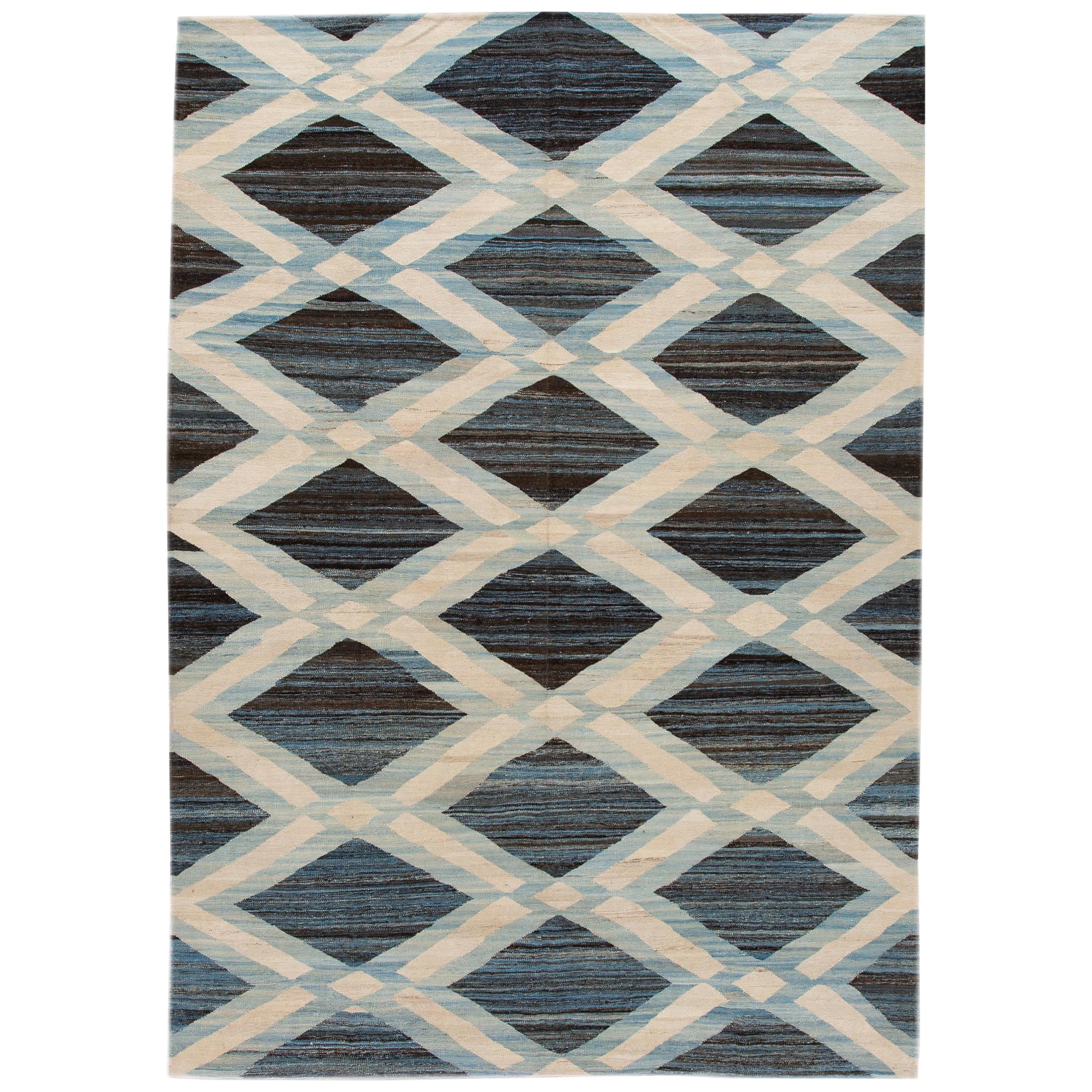 Modern Geometric Flat-Weave Handmade Wool Rug