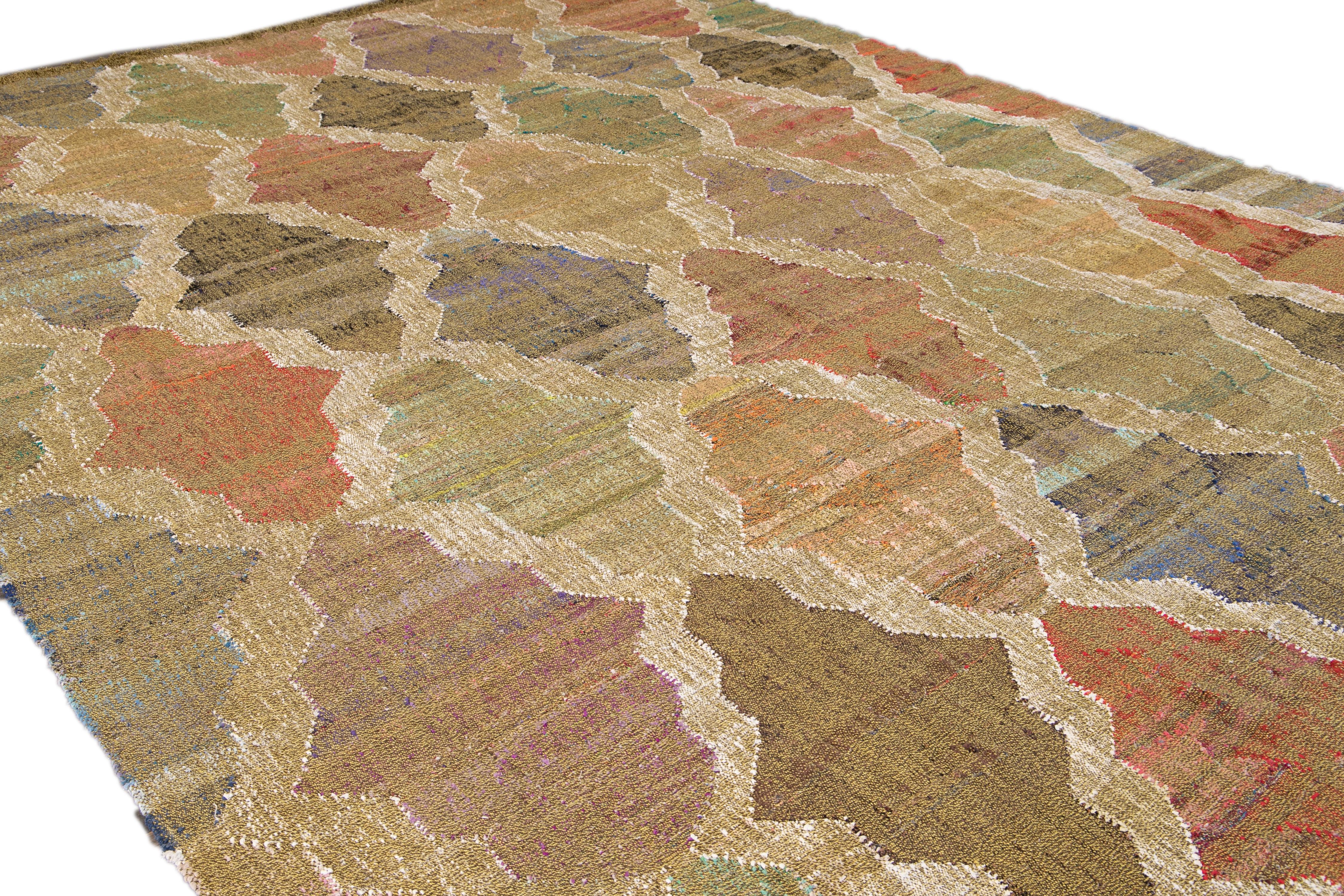 Contemporary Modern Geometric Flatweave Handmade Multicolor Wool Rug For Sale