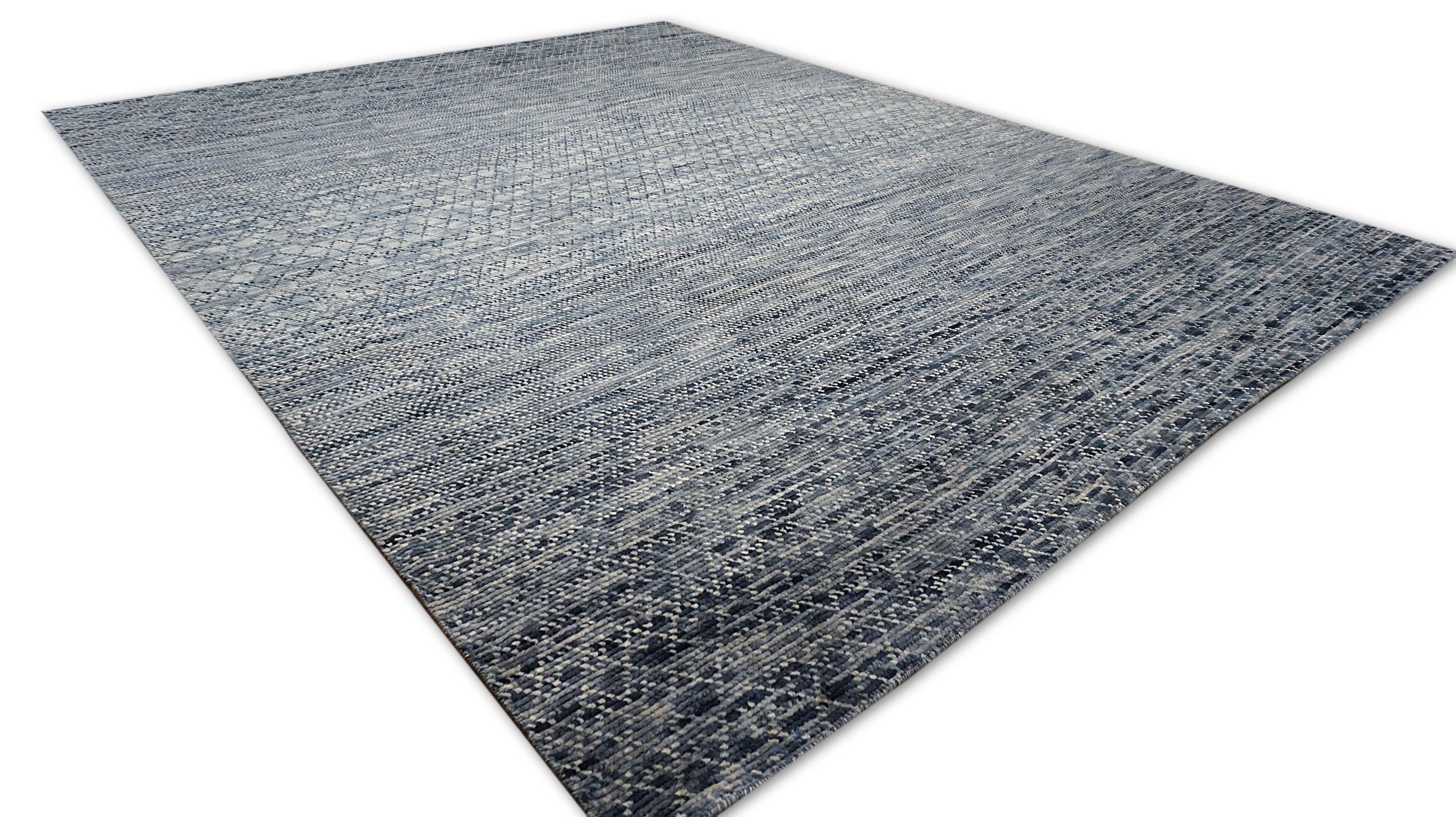 Moderner geometrischer grauer und blauer Wollteppich 9'3''x12'3'' (Handgeknüpft) im Angebot