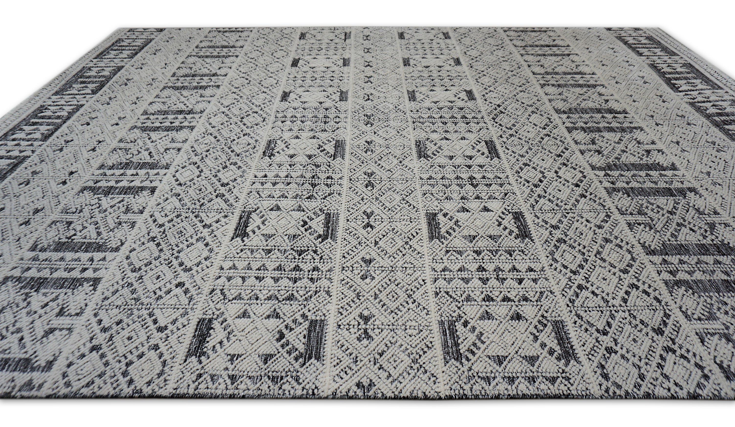 Alfombra Geométrica Moderna de Lana Tribal Gris y Marfil 8'10''x11'10'' Moderno en venta