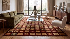 Tapis en laine noué à la main, au motif géométrique moderne, dans des tons bordeaux foncé et terre