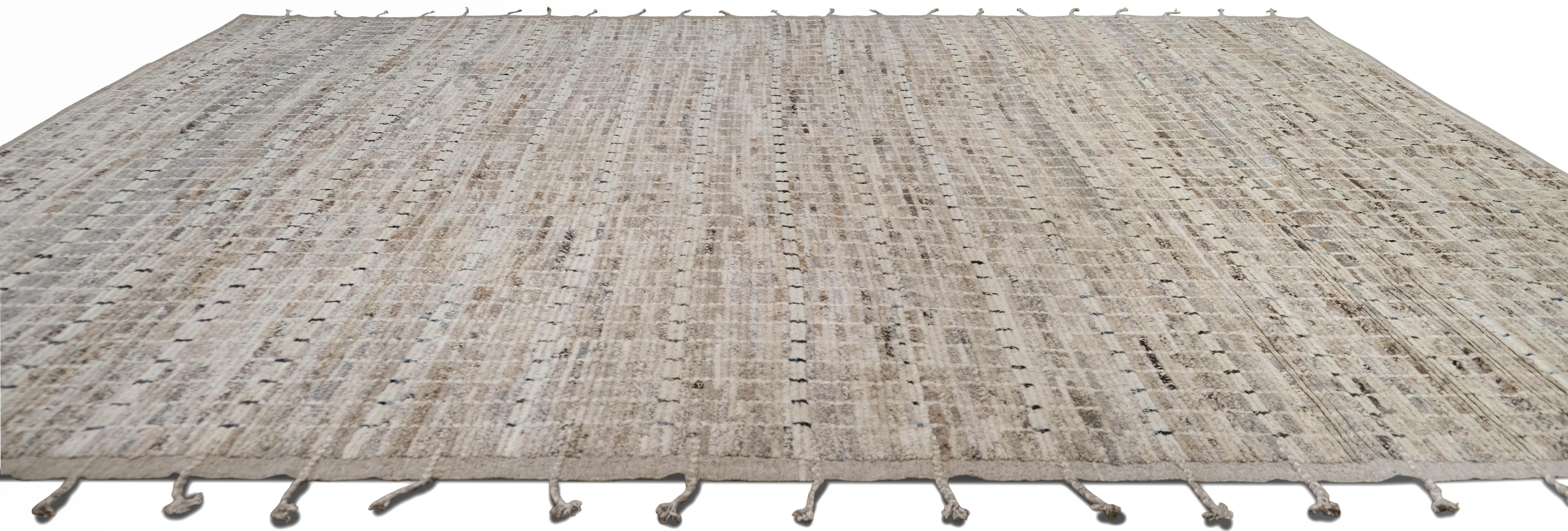 Neutraler Wollteppich mit geometrischem Gittermuster 9'3''x12'1'' (Handgeknüpft) im Angebot