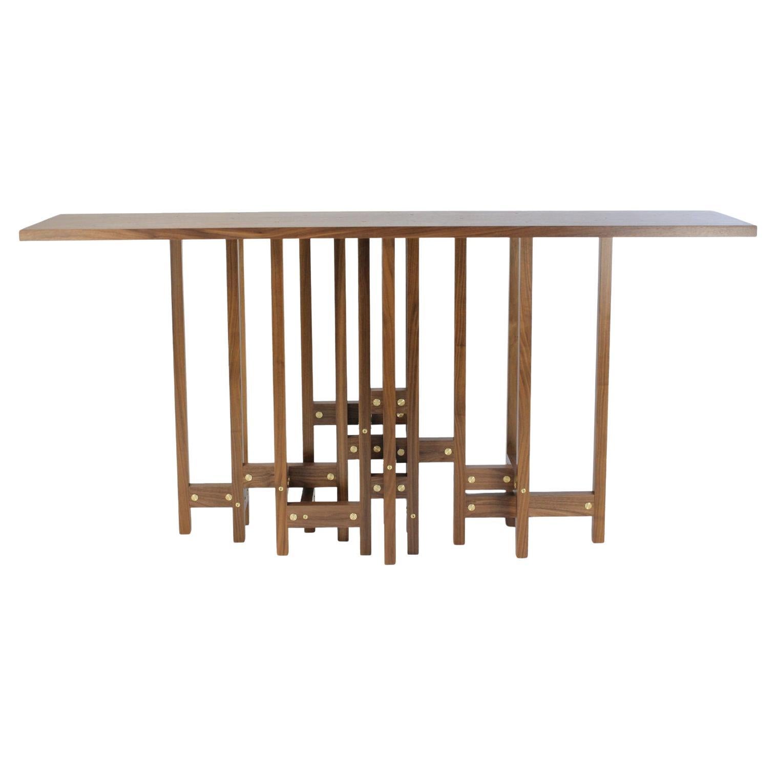 Modern Geometric Hall Table by Peter Harrison, Brass and Walnut, In Stock