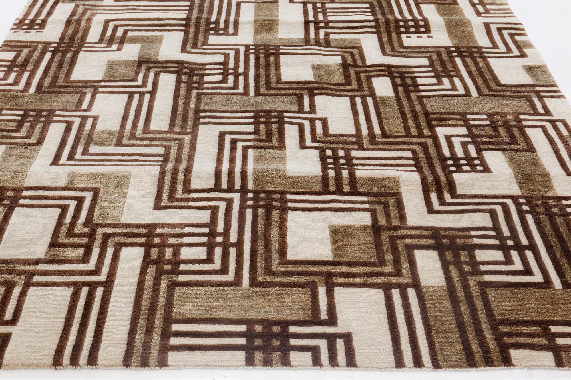 Nepalese Modern Geometric Hand Knotted Silk and Wool Runner by Doris Leslie Blau For Sale