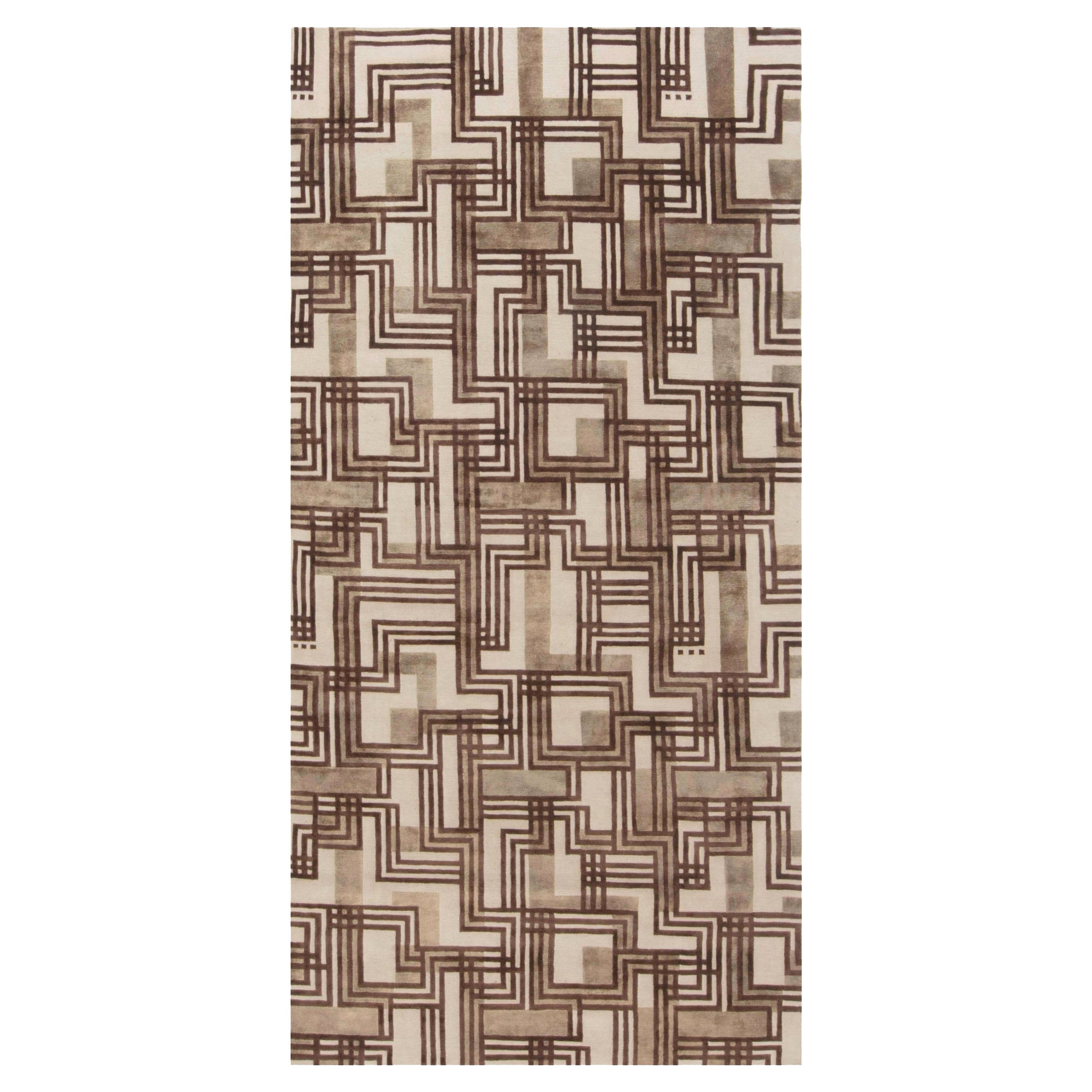 Tapis de couloir géométrique moderne en soie et laine noué à la main de Doris Leslie Blau en vente