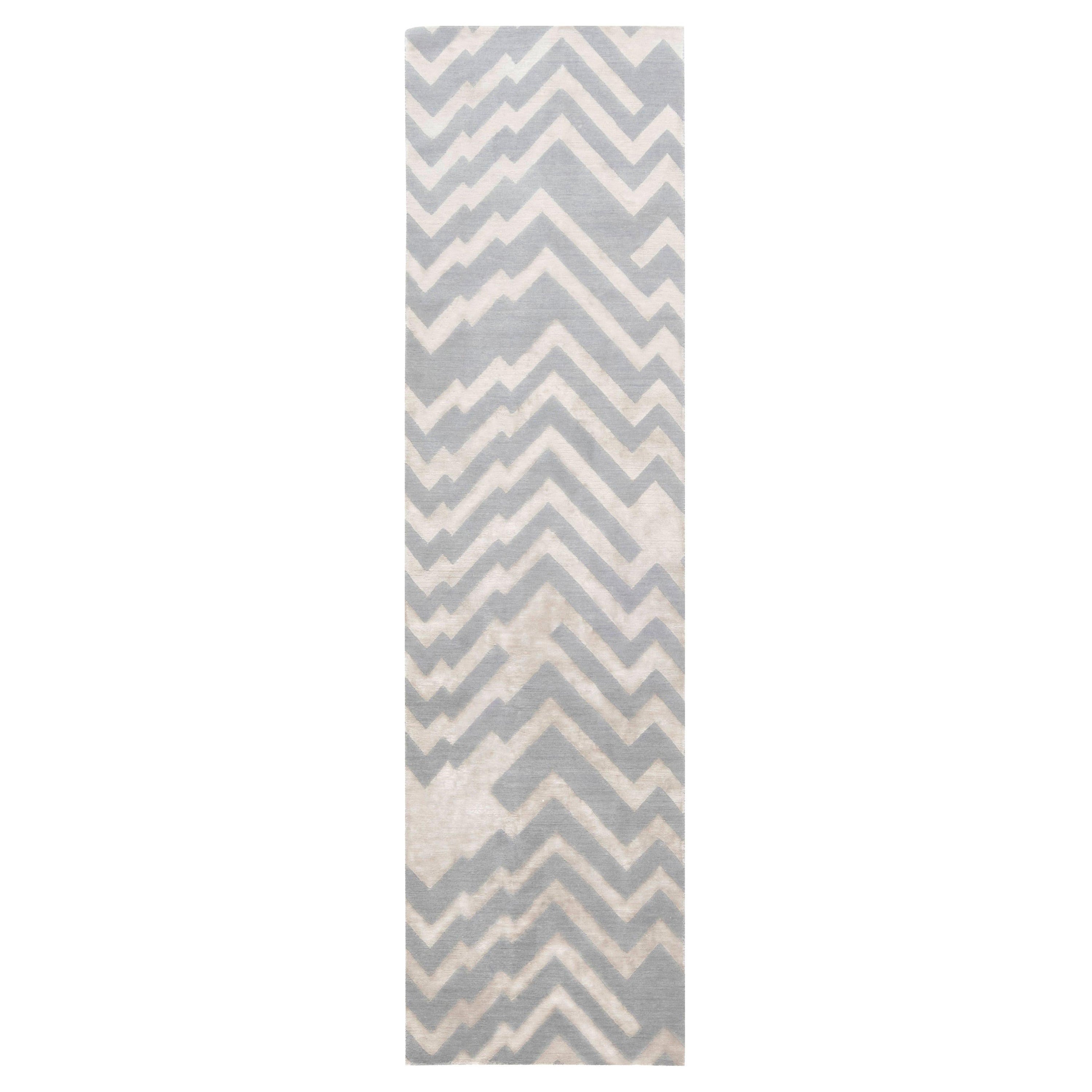 Modern Geometric Hand-Knotted Silk & Wool Runner by Doris Leslie Blau