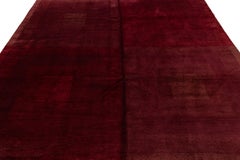 Modern Geometric Hand-Knotted Tibetan Wool & Silk Rug in Ruby Red and Burgundy