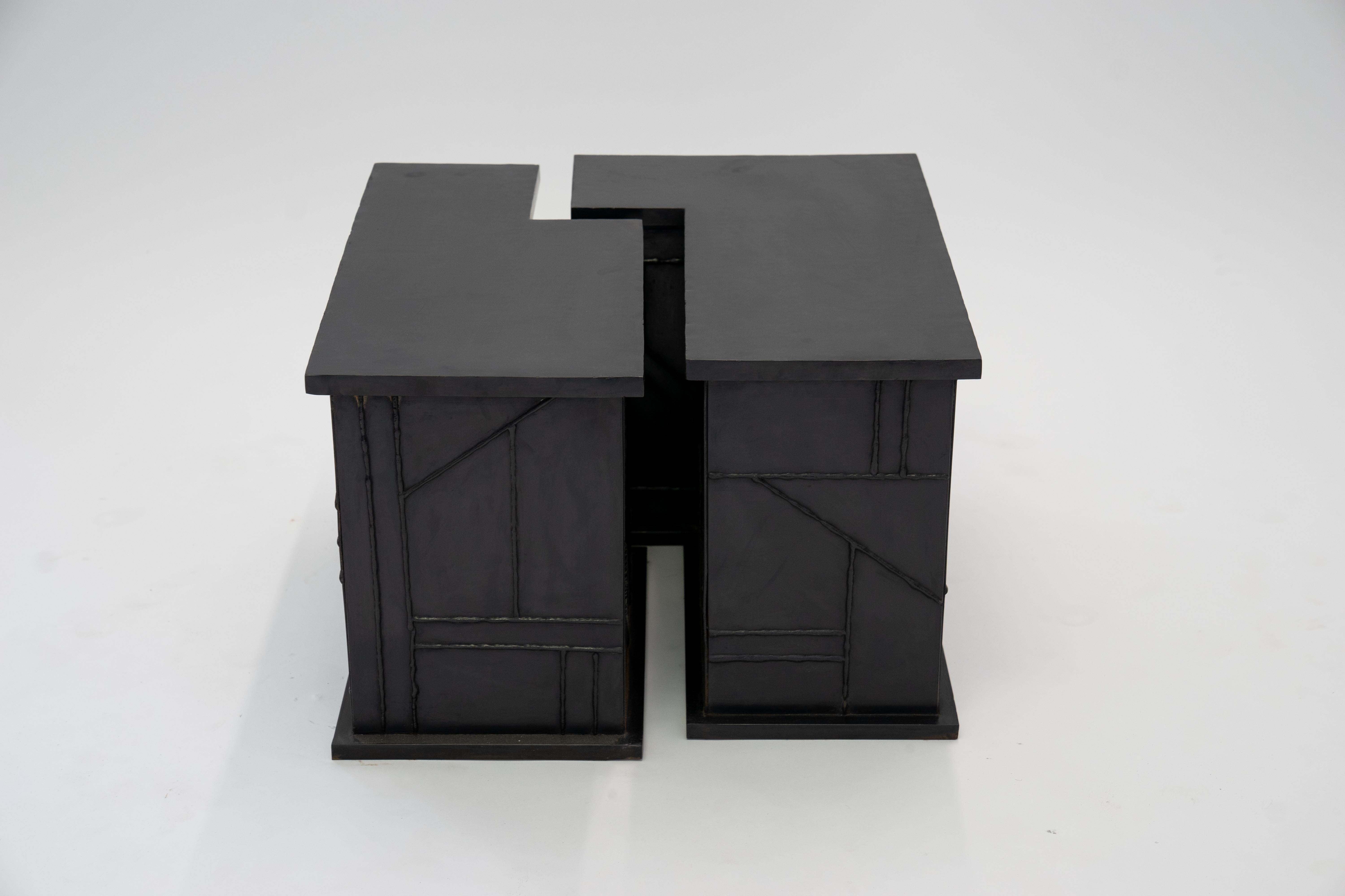 American Side/Coffee Table Valley Modern Geometric Handmade Blackened and Waxed Steel For Sale