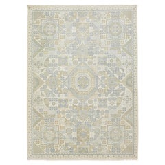 Modern Geometric Khotan Style Hand-Knotted Wool Area Rug - Muted Sage & Sand