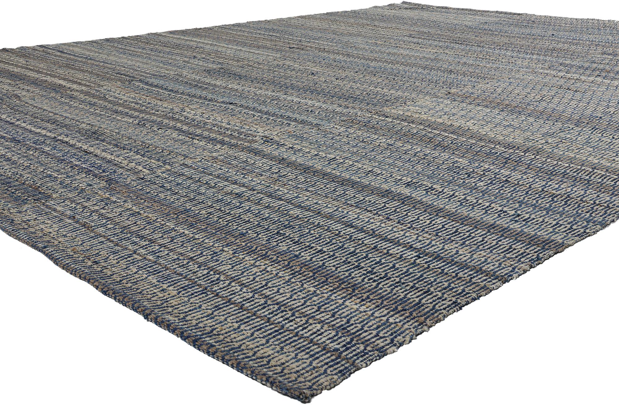 81102 Modern Blue Earth-Tone Geometric Kilim Rug, 08'11 x 11'10. Step aboard into coastal chic living with our exquisite handwoven modern geometric kilim rug, where nautical charm meets sustainable elegance. Crafted with meticulous attention to