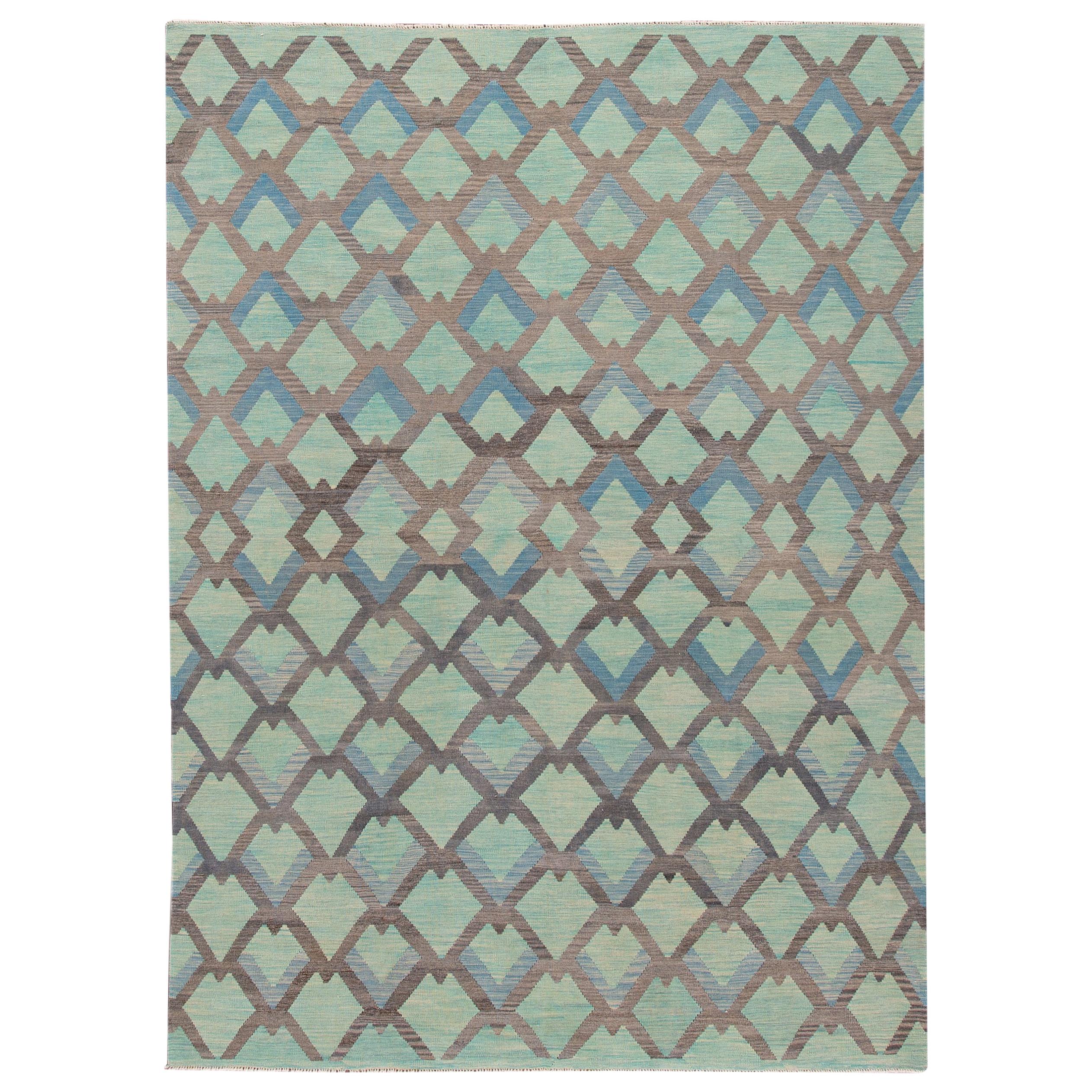 Modern Kilim Flatweave Burgundy and Brown Geometric Wool Rug For Sale