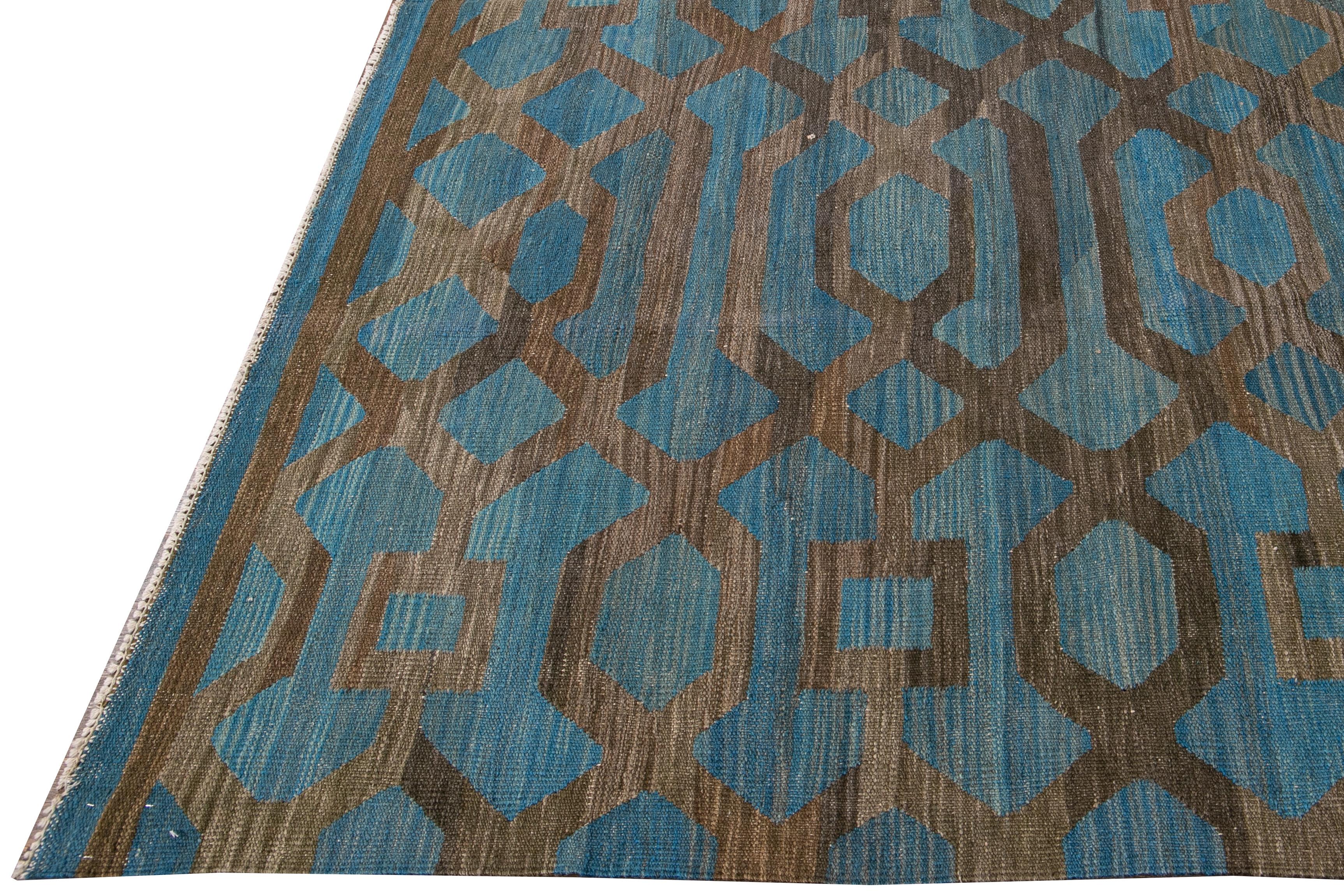 Hand-Woven Modern Geometric Kilim Handmade Room Size Blue Wool Rug For Sale